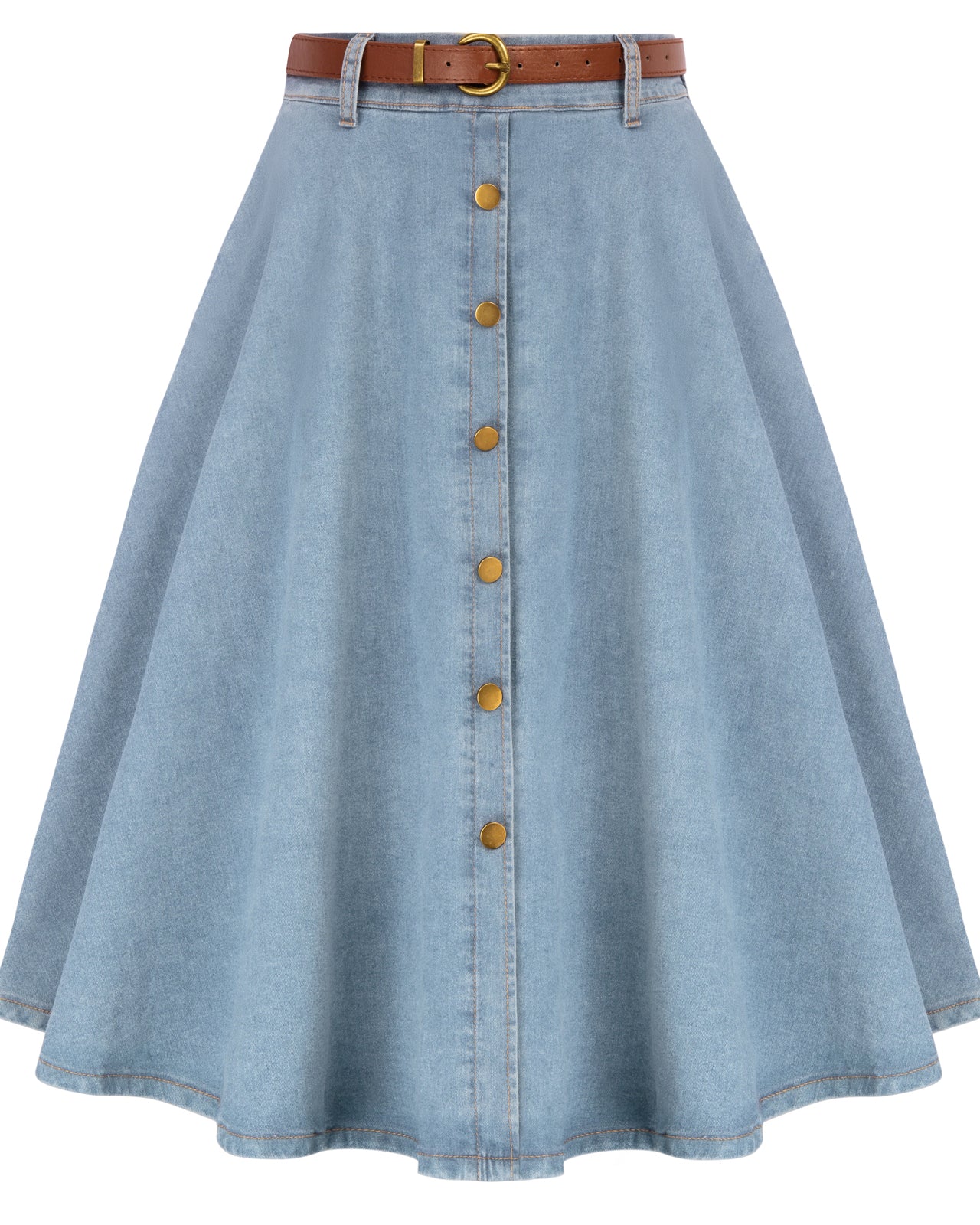 belle poque Jean Skirt with Belt Elastic High Waist A-Line Midi Skirt Blue2