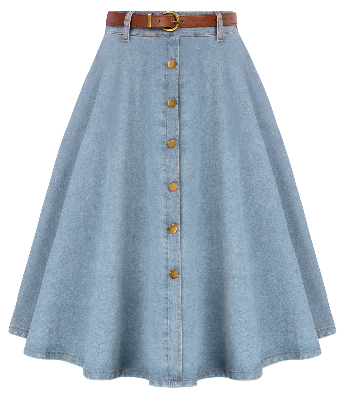 belle poque Jean Skirt with Belt Elastic High Waist A-Line Midi Skirt Blue2