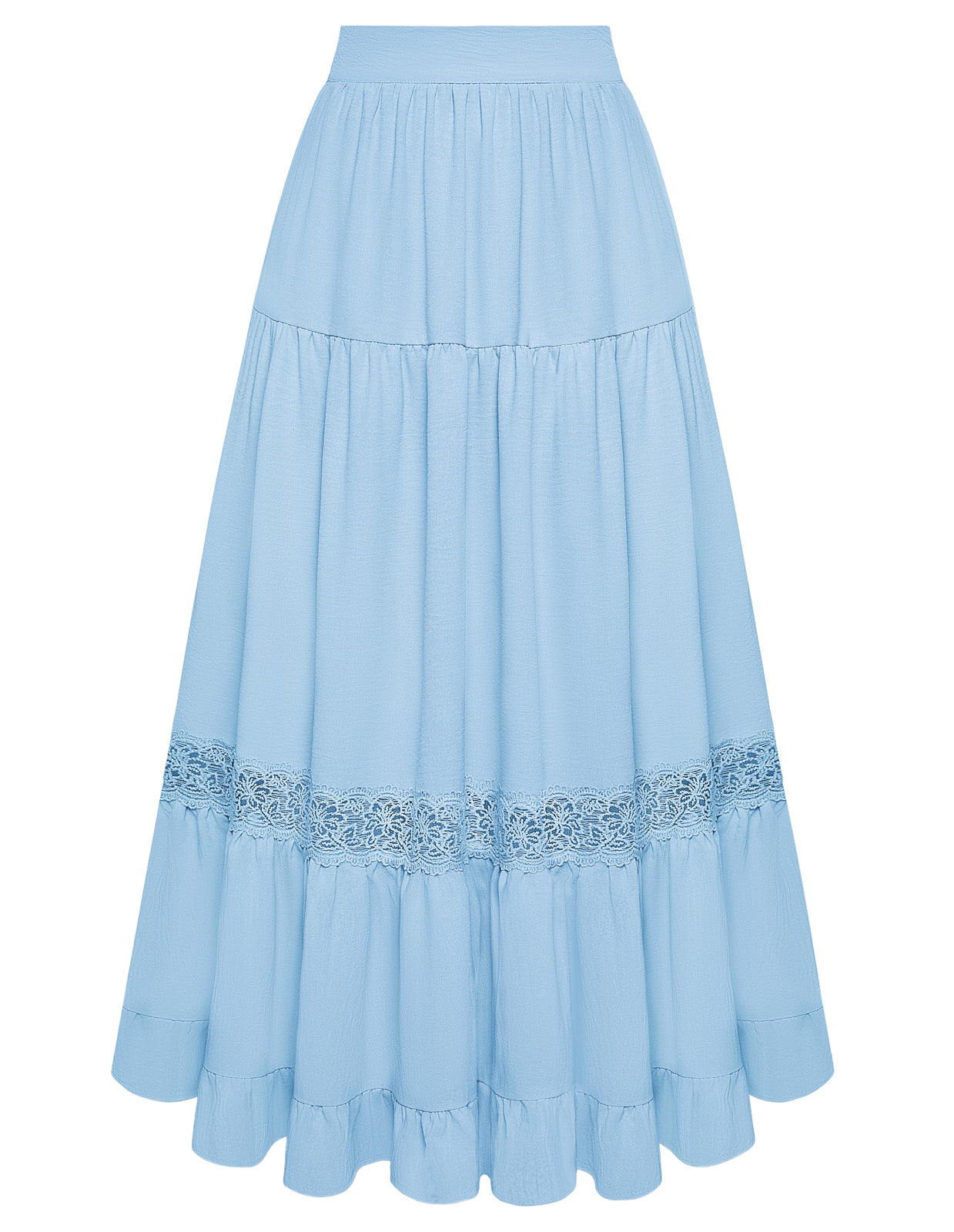belle poque Women Vintage Tiered Swing Skirt Elastic Waist Ruffled Hem Mid-Calf Skirt sky blue