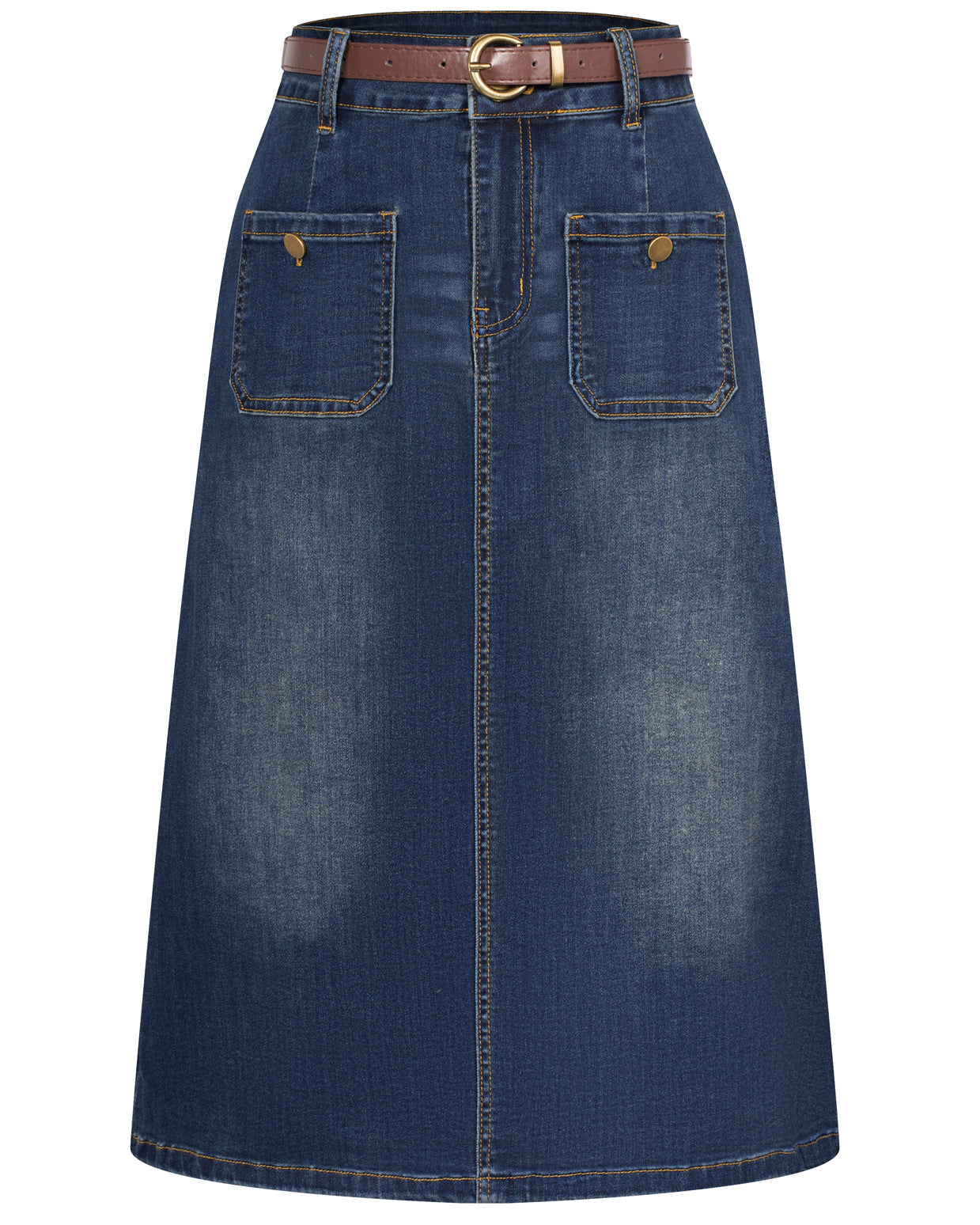 belle poque Denim Skirt with Belt Knee Length High Waisted Jean Skirts for Women Blue