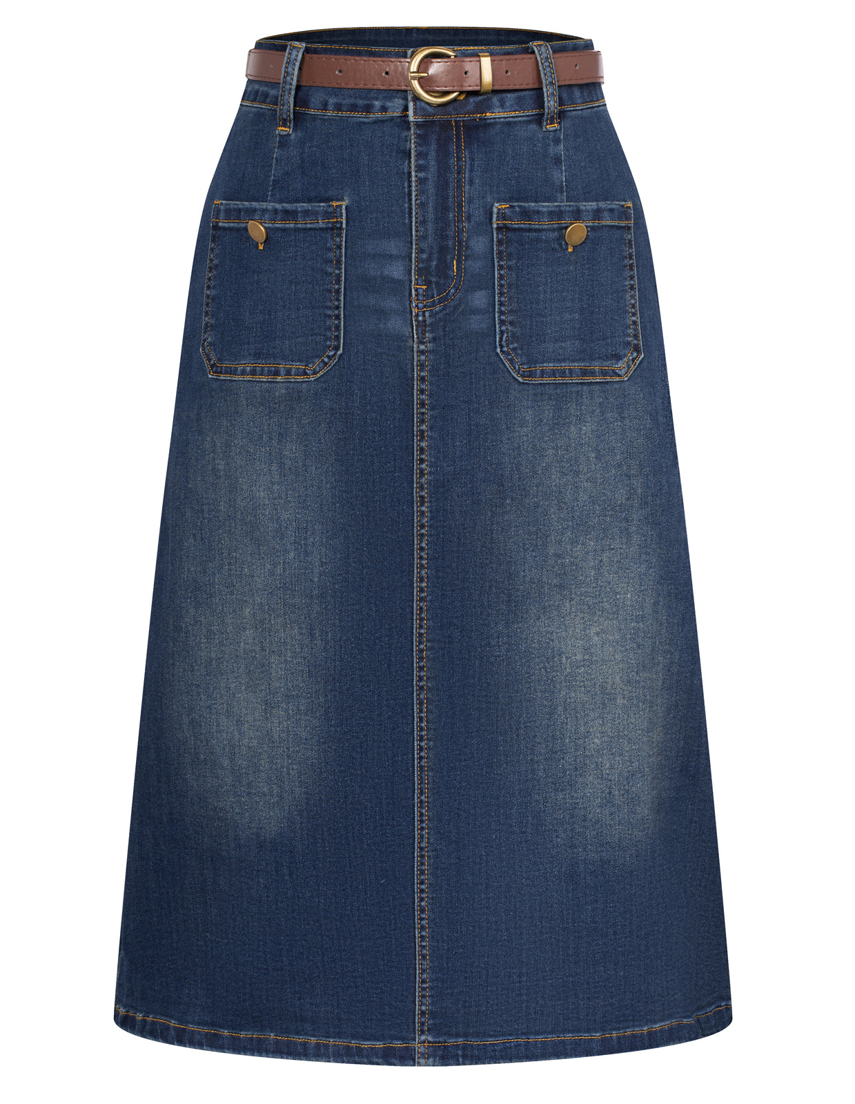 belle poque Denim Skirt with Belt Knee Length High Waisted Jean Skirts for Women Blue