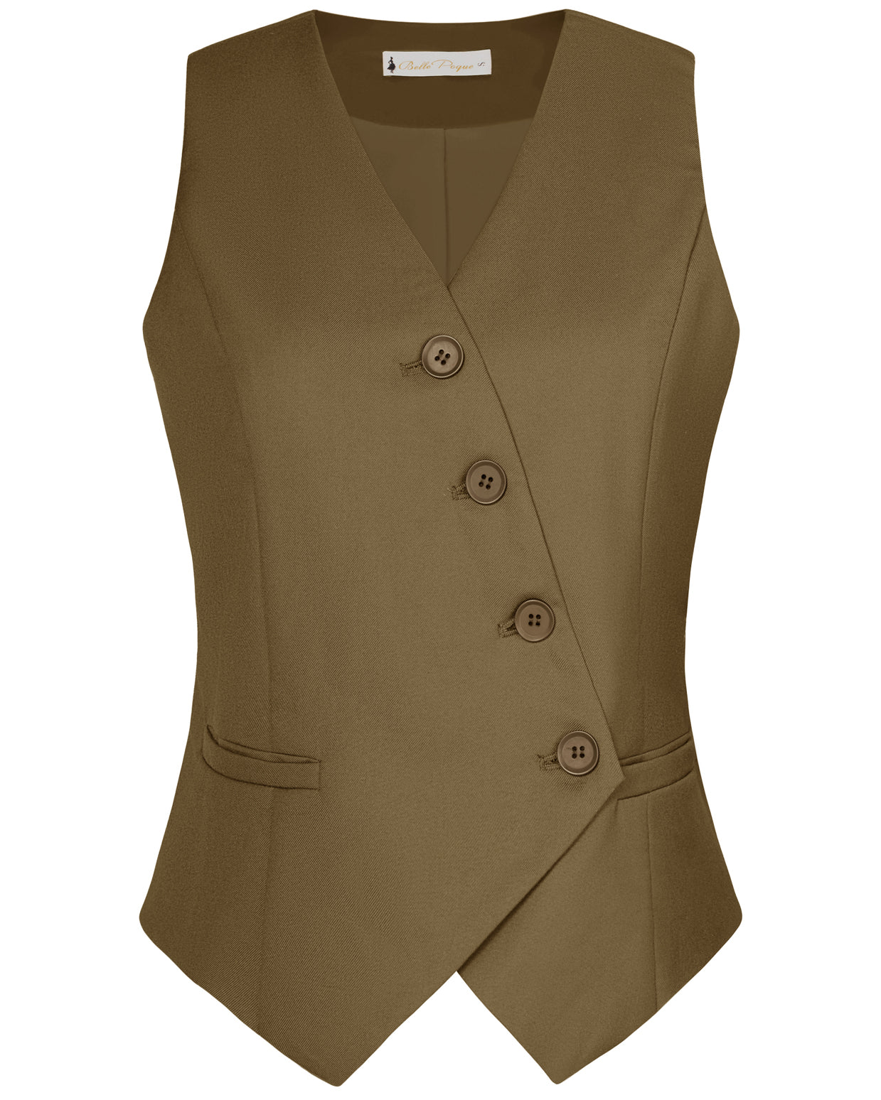 belle poque Vintage Oblique Placket Vest Coat V-Neck Handkerchief Hem Waistcoat Brown