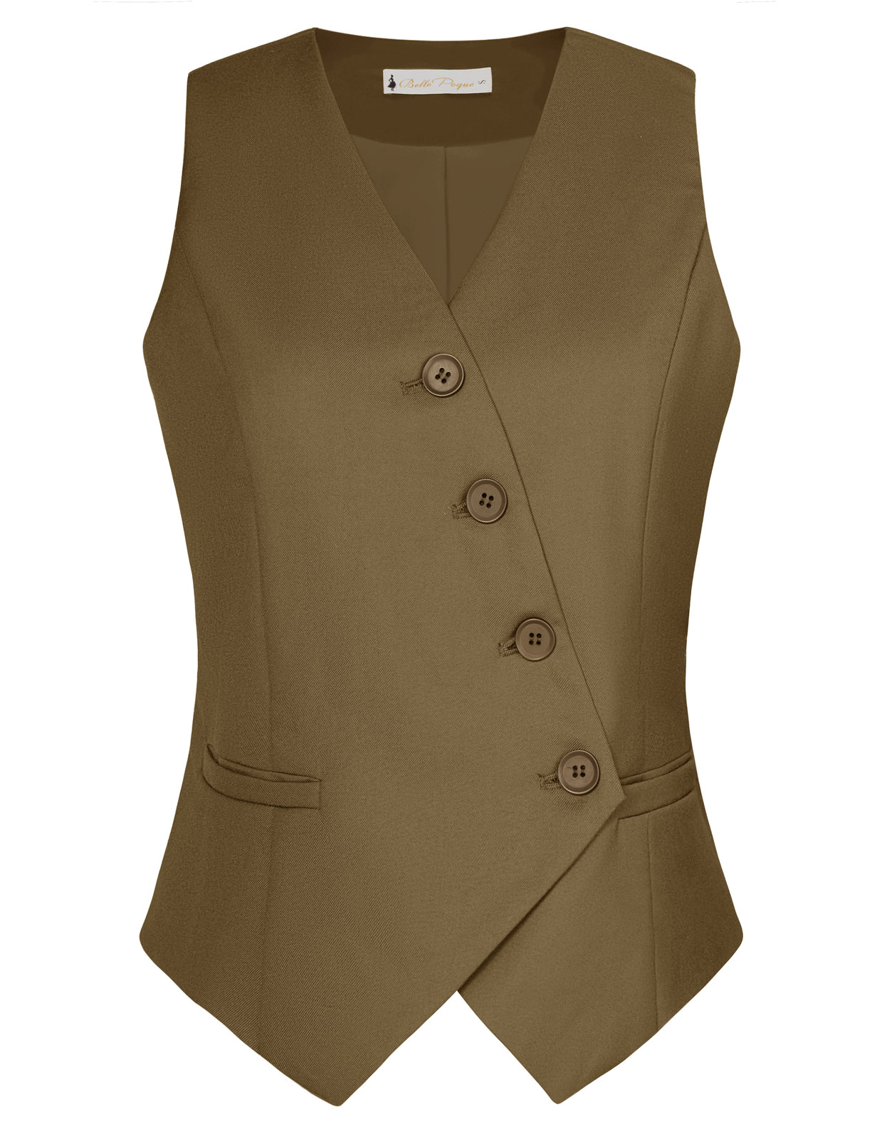 belle poque Vintage Oblique Placket Vest Coat V-Neck Handkerchief Hem Waistcoat Brown
