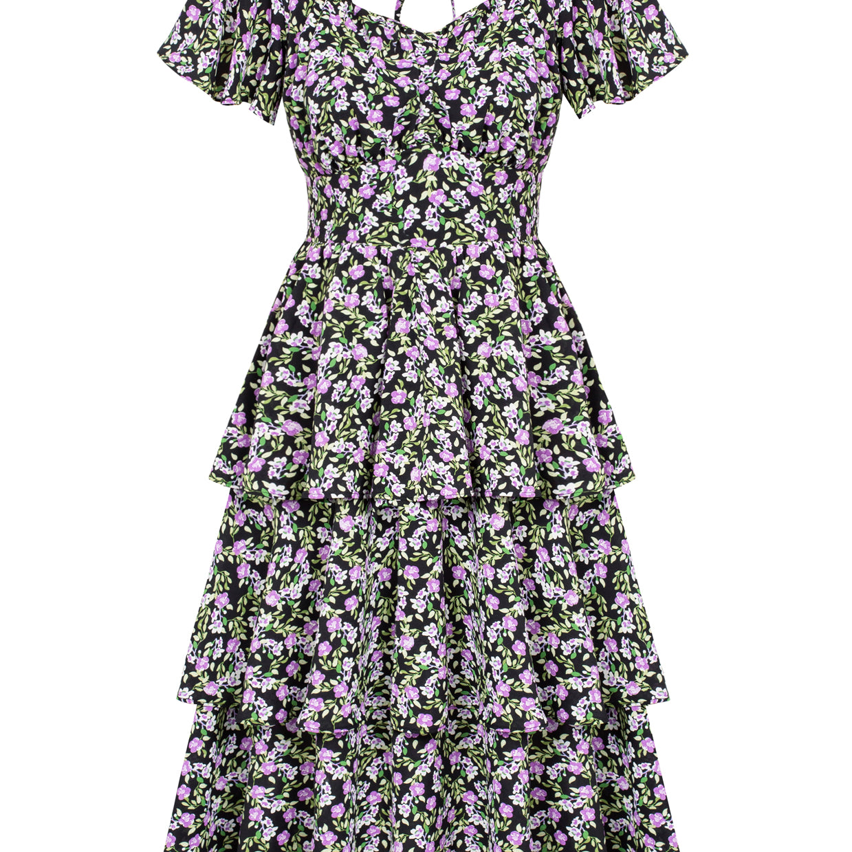 belle poque Floral Print Tiered Ruffle Dress 2026 Summer Vintage A-line Swing Midi Dress Black