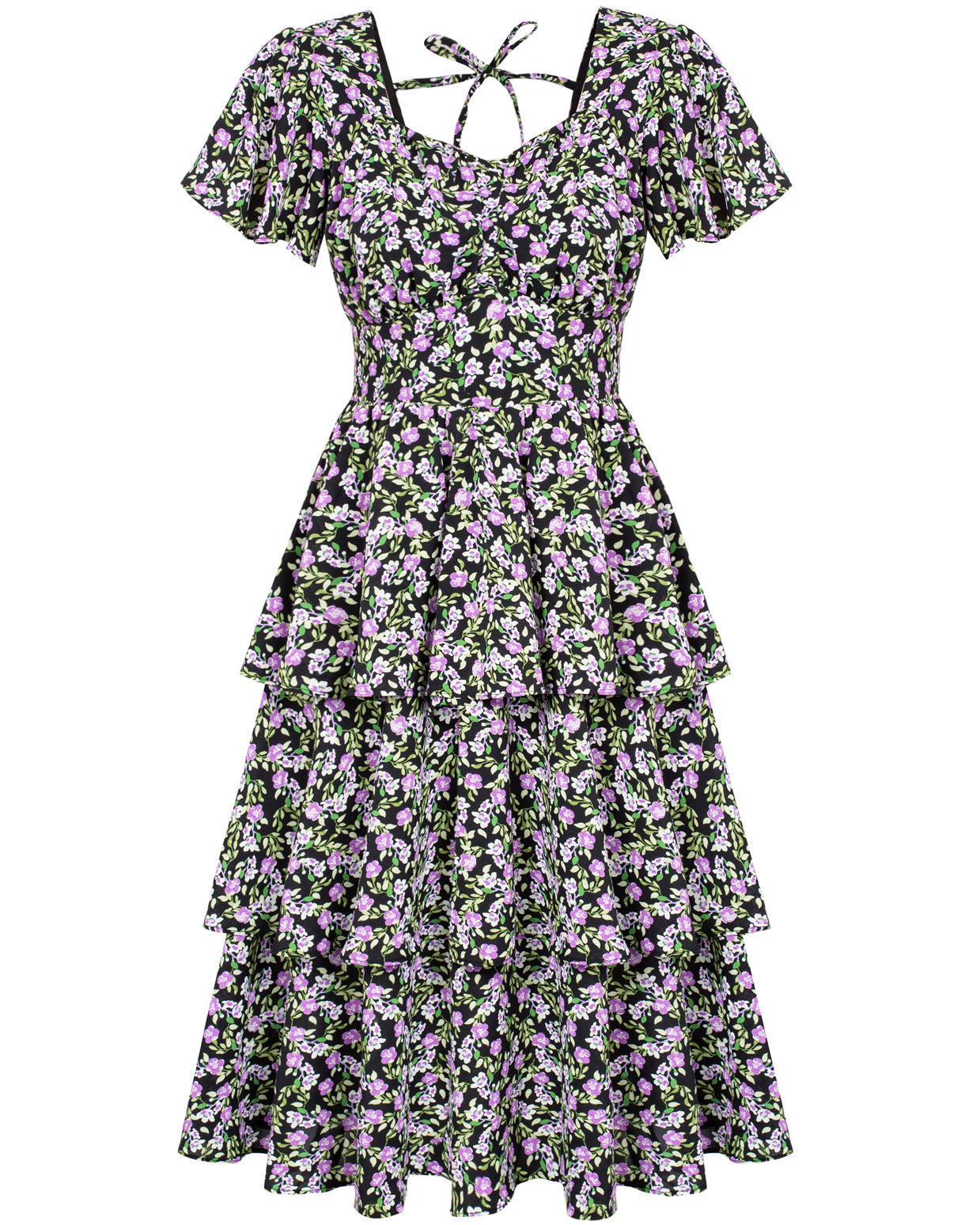 belle poque Floral Print Tiered Ruffle Dress 2026 Summer Vintage A-line Swing Midi Dress Black