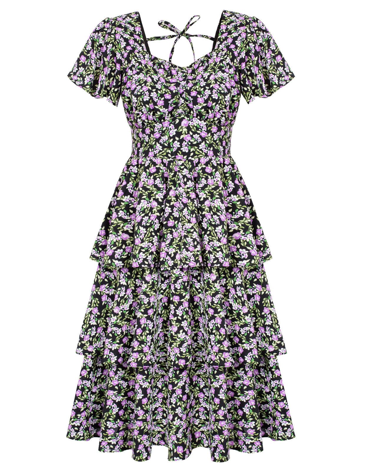 belle poque Floral Print Square Neck Tiered Ruffle Dress 2023 Summer Vintage A-line Swing Midi Dress Black