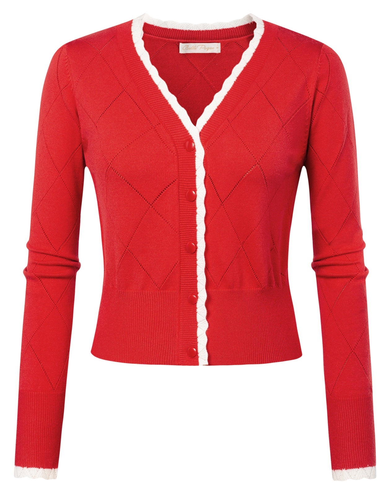 belle poque Long Sleeve V-Neck Button Down Cropped Sweater Cardigan Red