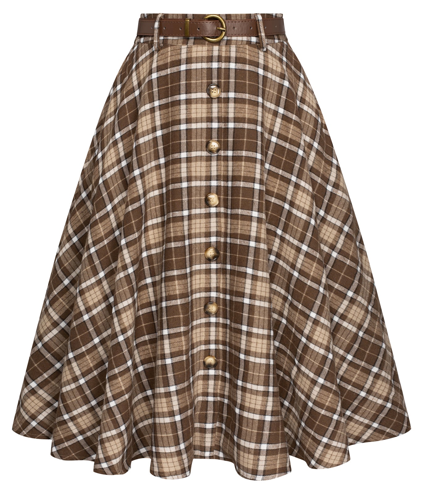 belle poque Swing Plaid Skirt with Belt Elastic High Waist Buttons Decorated Skirt Brown