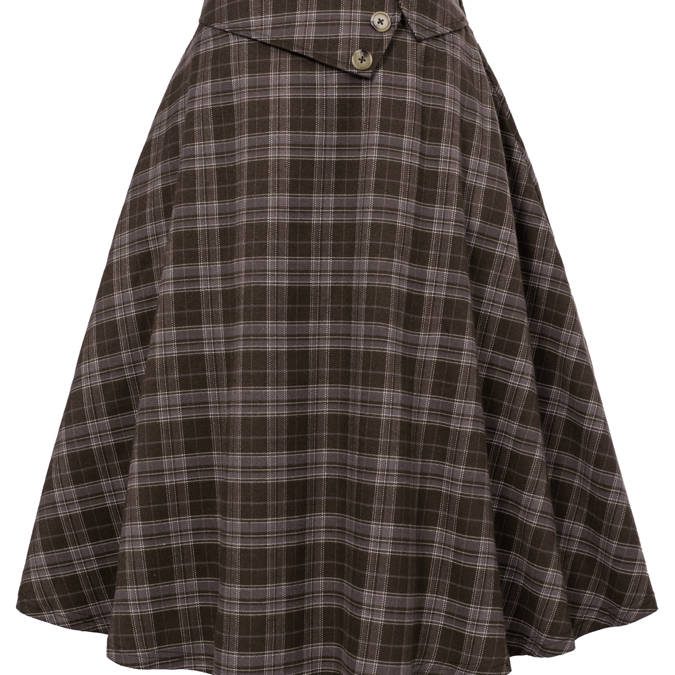 belle poque Vintage A-Line Skirt High Waisted Midi Skirt with Pockets & Buttons Plaid-Brown