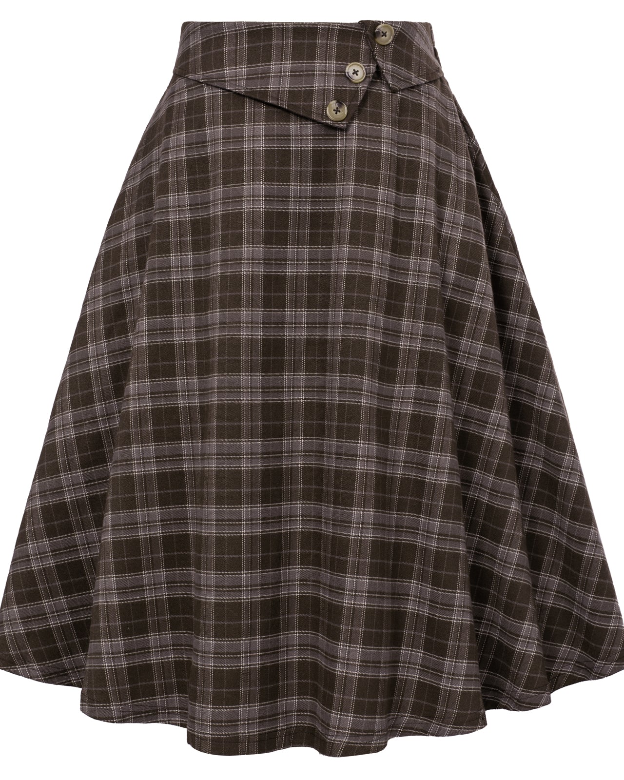 belle poque Vintage A-Line Skirt High Waisted Midi Skirt with Pockets & Buttons Plaid-Brown