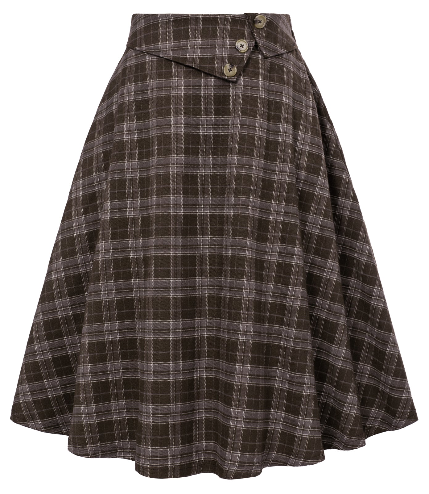 belle poque Vintage A-Line Skirt High Waisted Midi Skirt with Pockets & Buttons Plaid-Brown