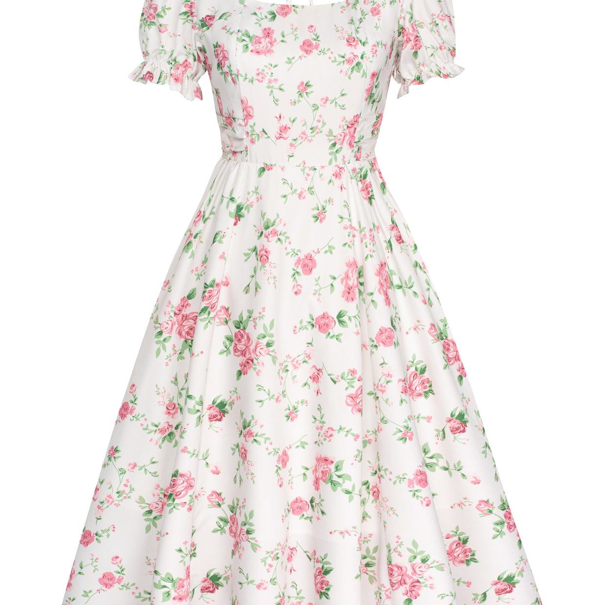 belle poque Vintage Daisy Flower Print Cottagecore Cocktail Dresses Square Neck Puff Sleeve Dress with Pockets Floral White