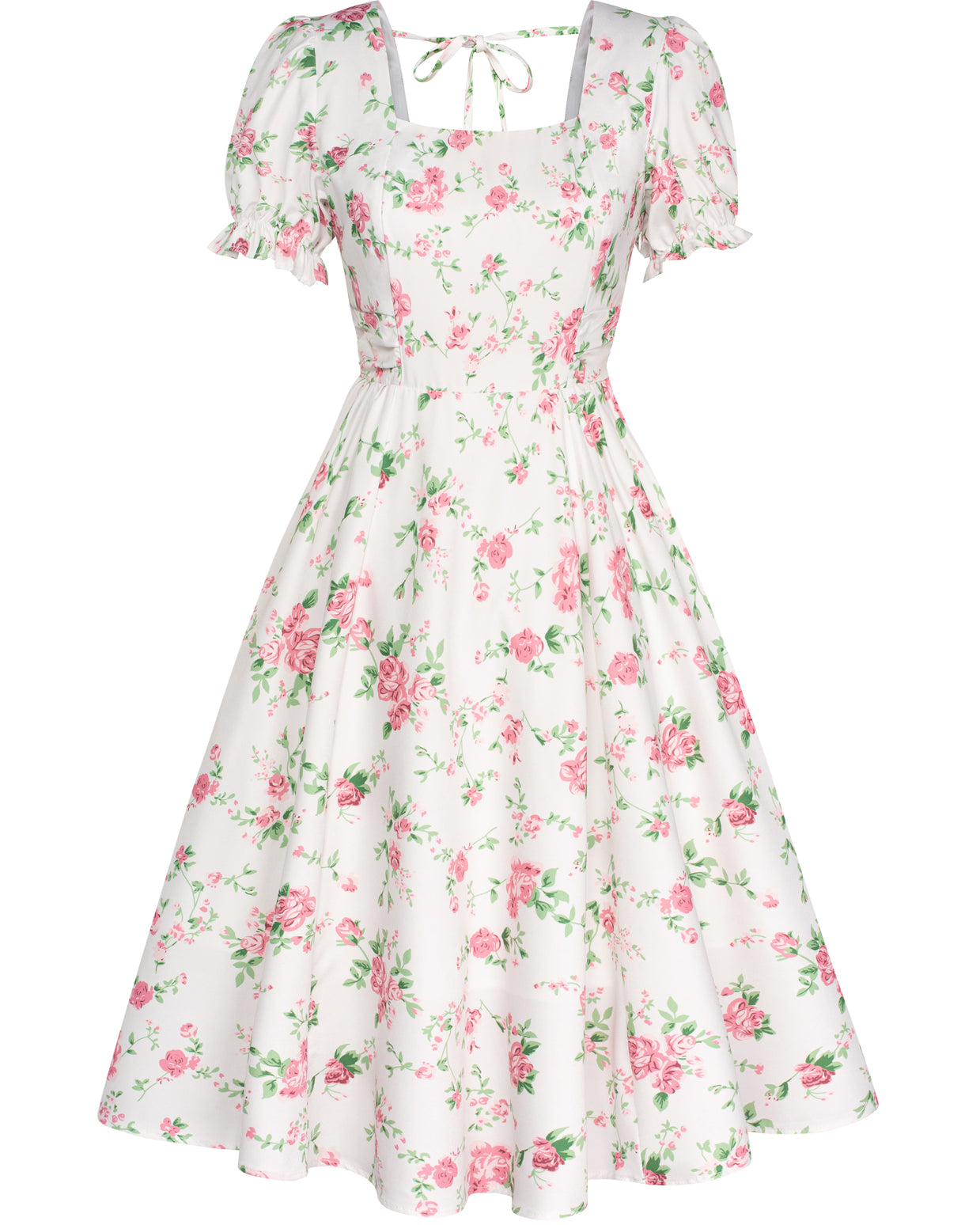 belle poque Vintage Daisy Flower Print Cottagecore Cocktail Dresses Square Neck Puff Sleeve Dress with Pockets Floral White
