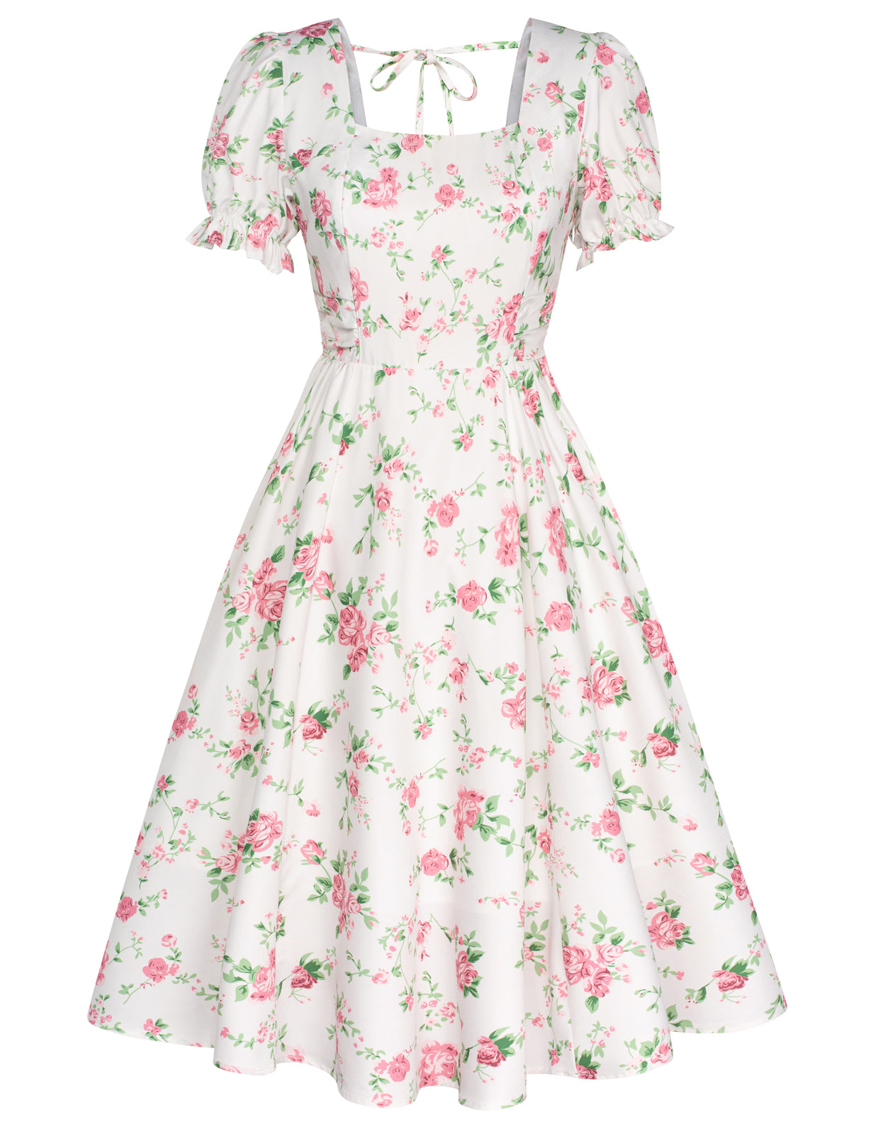 belle poque Vintage Daisy Flower Print Cottagecore Cocktail Dresses Square Neck Puff Sleeve Dress with Pockets Floral White