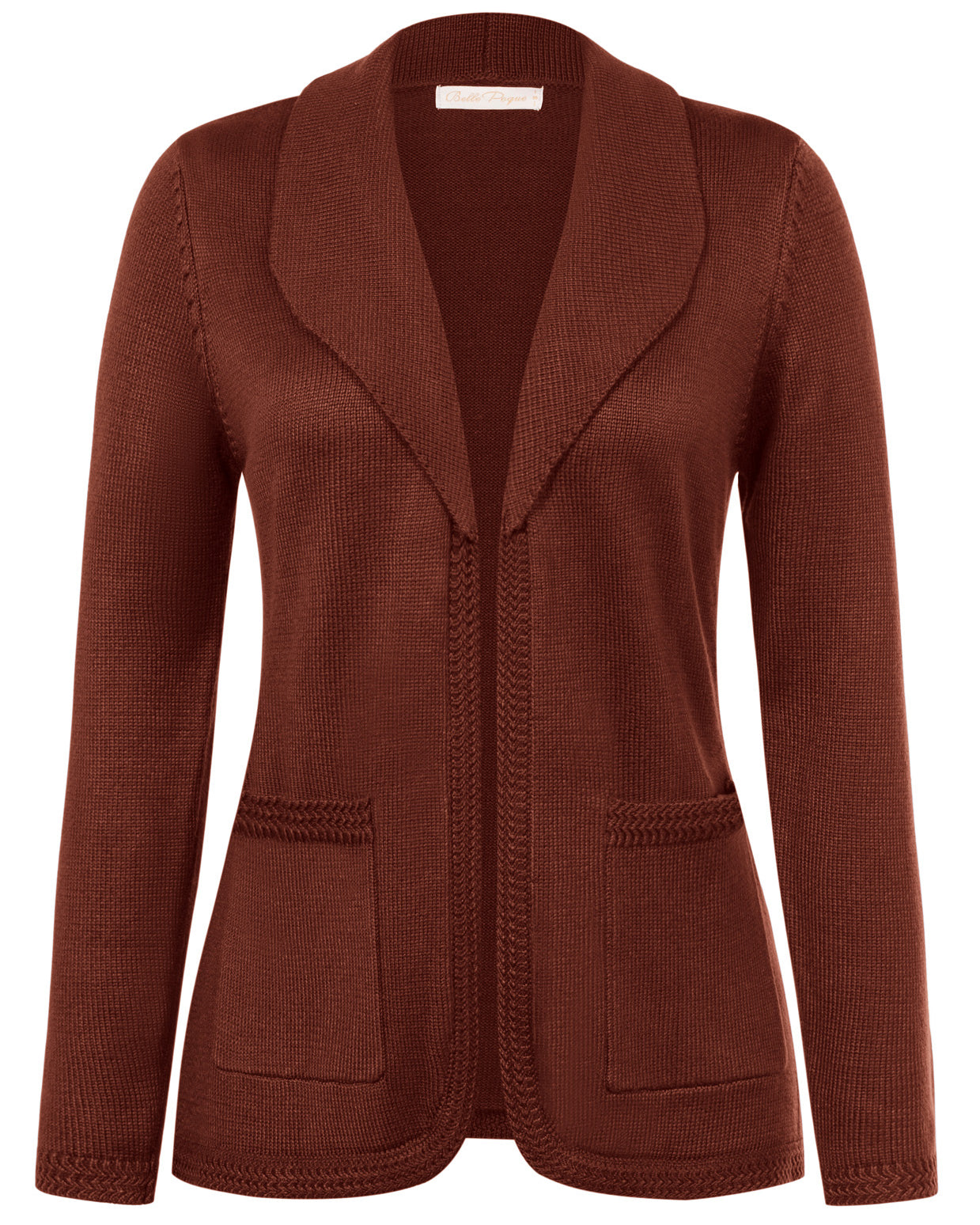 belle poque Vintage Cardigan Sweater Blazer V Neck Shawl Lapel Collar with Pockets Fire Brick