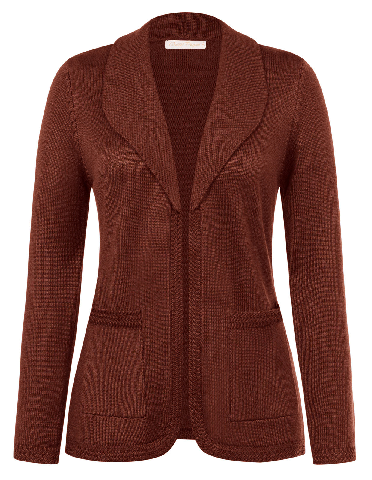 belle poque Vintage Cardigan Sweater Blazer V Neck Shawl Lapel Collar with Pockets Fire Brick