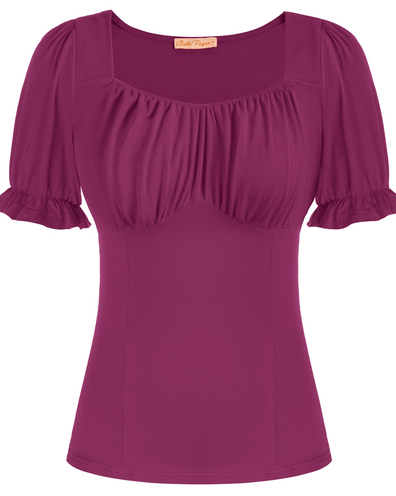 belle poque Solid Color Cotton Tops Slim Fit Puffed Short Sleeve Ruched Tops