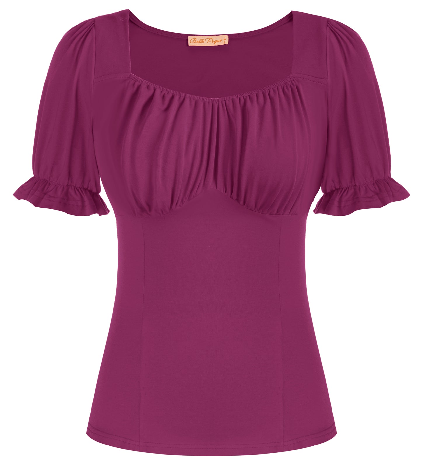 belle poque Solid Color Cotton Tops Slim Fit Puffed Short Sleeve Ruched Tops