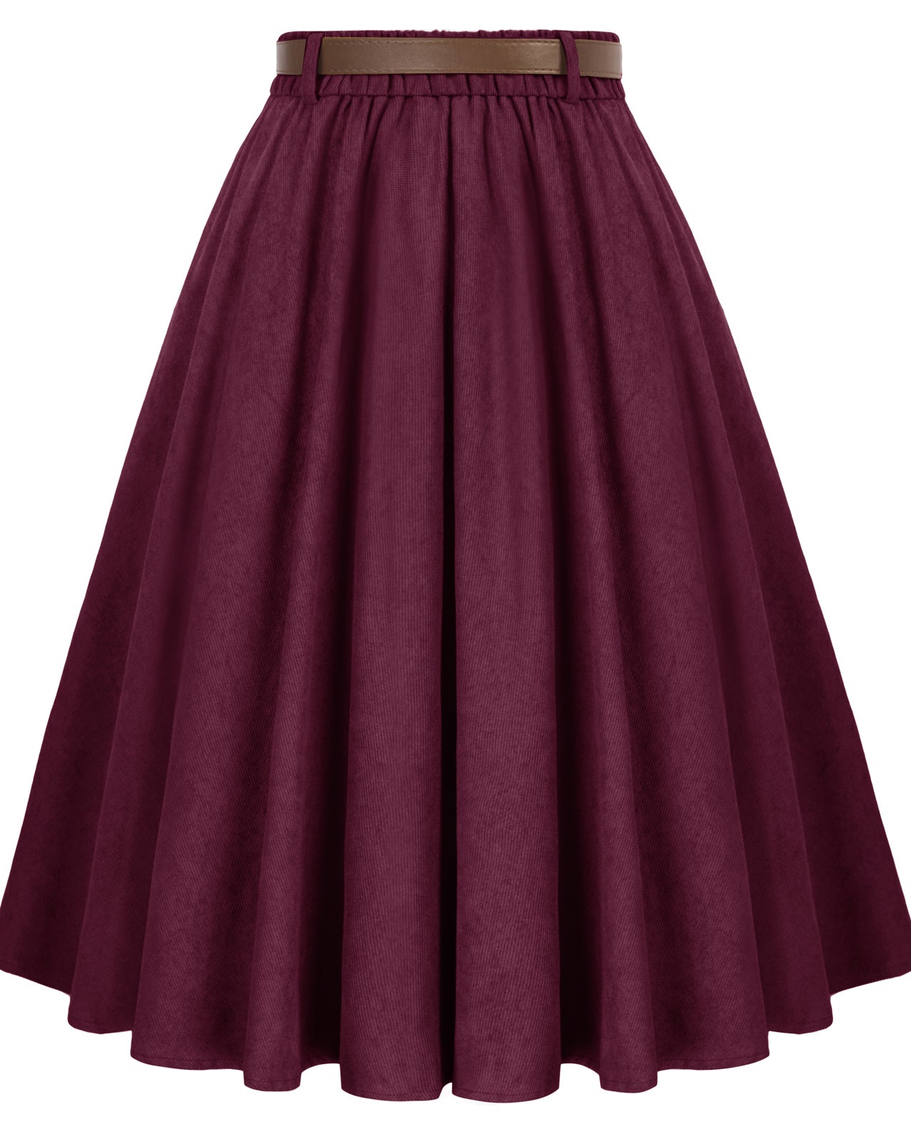 belle poque Corduroy Skirt with Belt Elastic High Waist Mid-Calf Swing Skirt