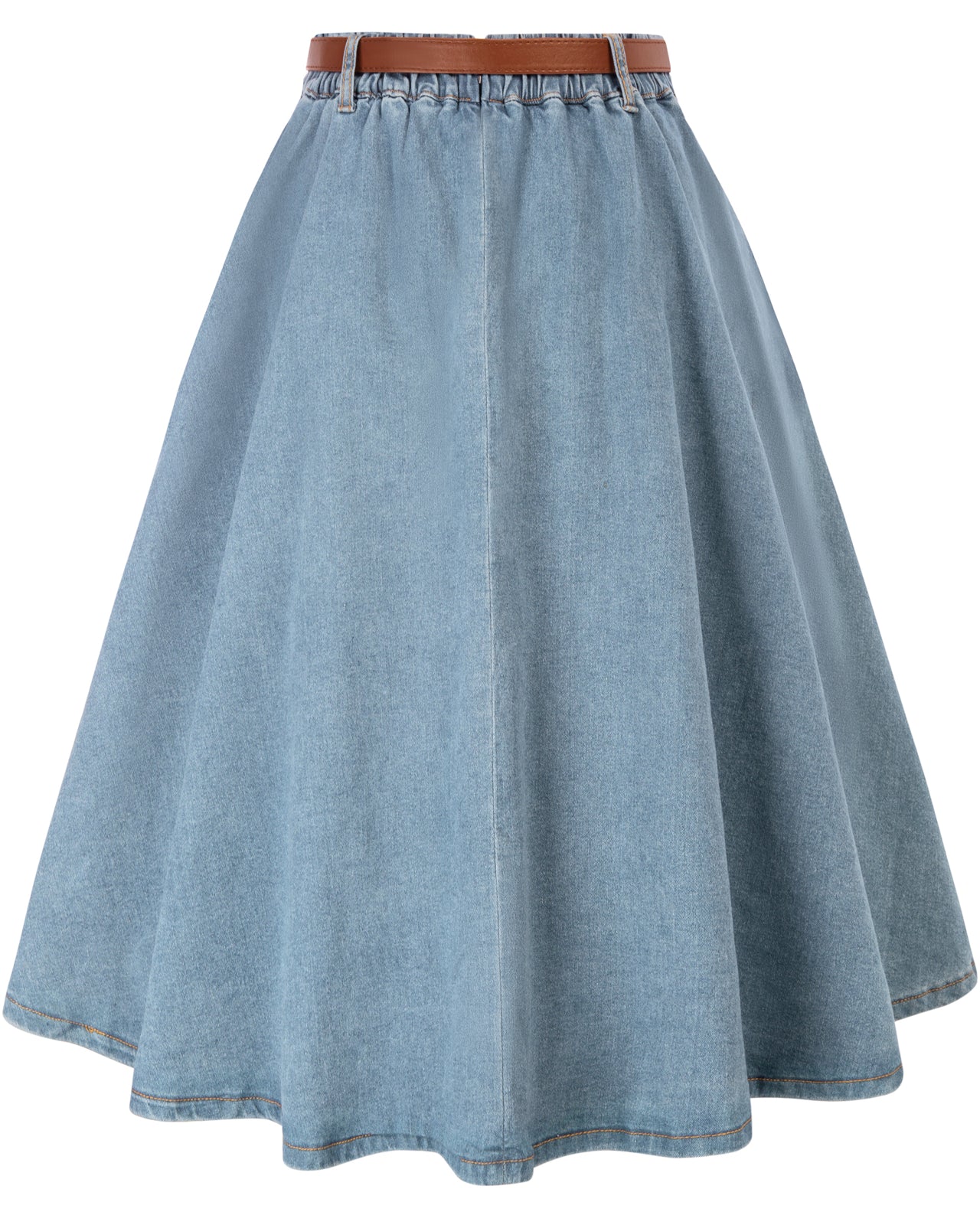 belle poque Jean Skirt with Belt Elastic High Waist A-Line Midi Skirt