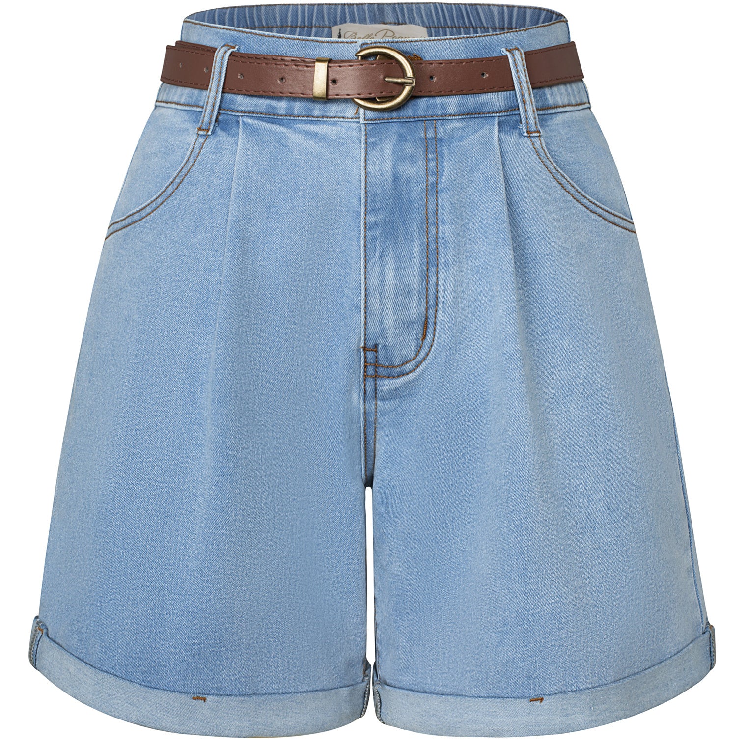 belle poque Bermuda Shorts Elastic Waist Wide Leg Shorts with Pockets & Belts Blue