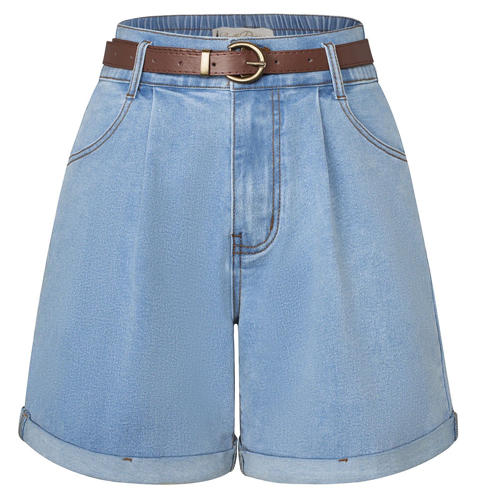 belle poque Bermuda Shorts Elastic Waist Wide Leg Shorts with Pockets & Belts Blue