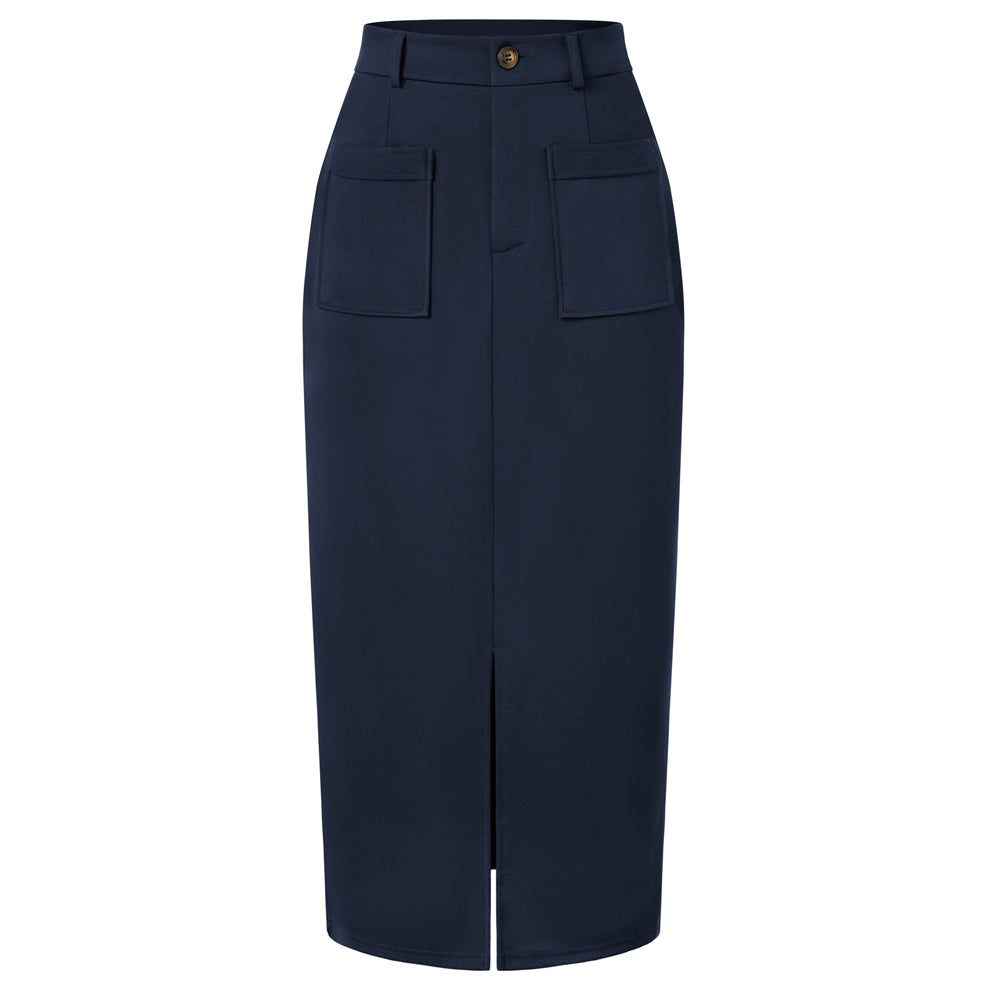 belle poque Women Cargo Skirt Long Pencil Skirt High Wiasted Skirts with Pockets & Slit Navy Blue
