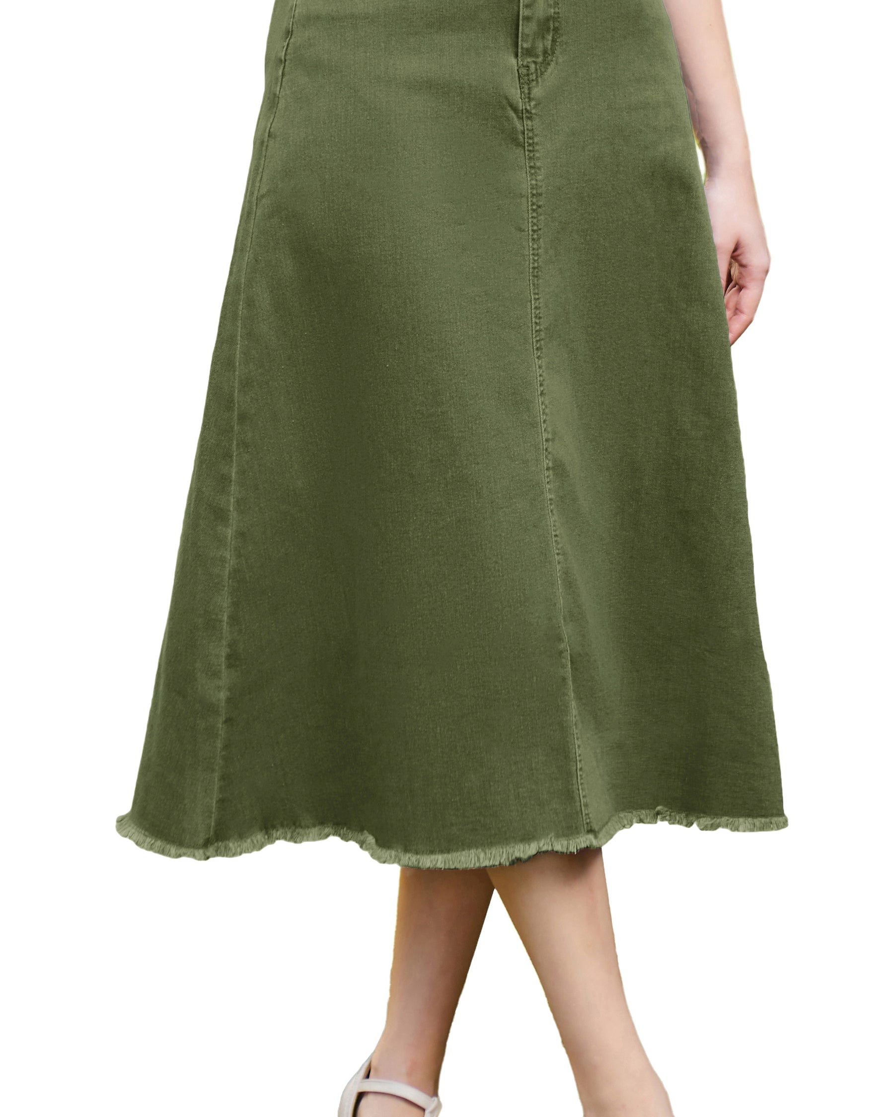 belle poque Multi-Pocket Jean Skirt Elastic High Waist Raw Hem Midi A-Line Skirt