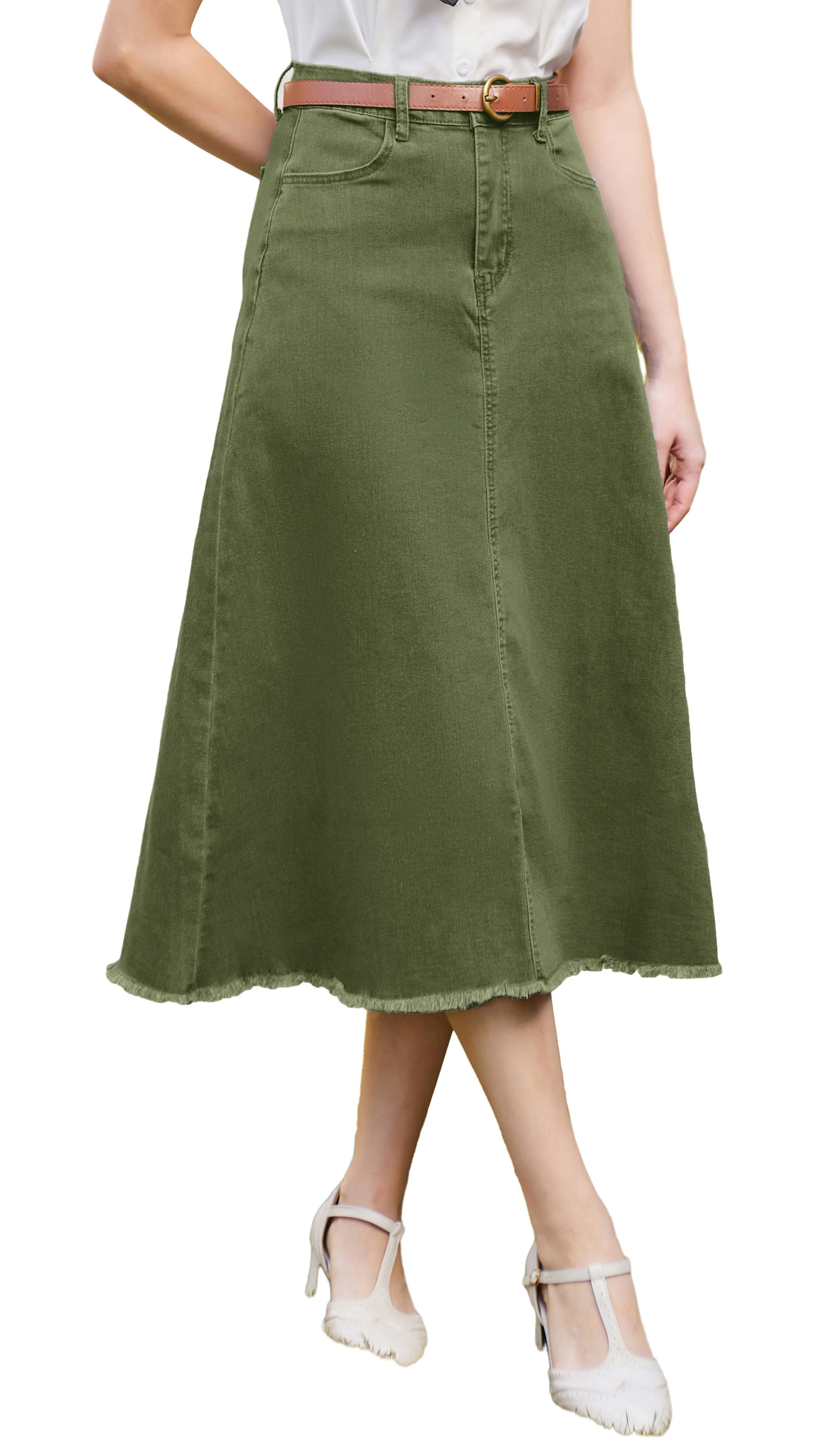 belle poque Multi-Pocket Jean Skirt Elastic High Waist Raw Hem Midi A-Line Skirt