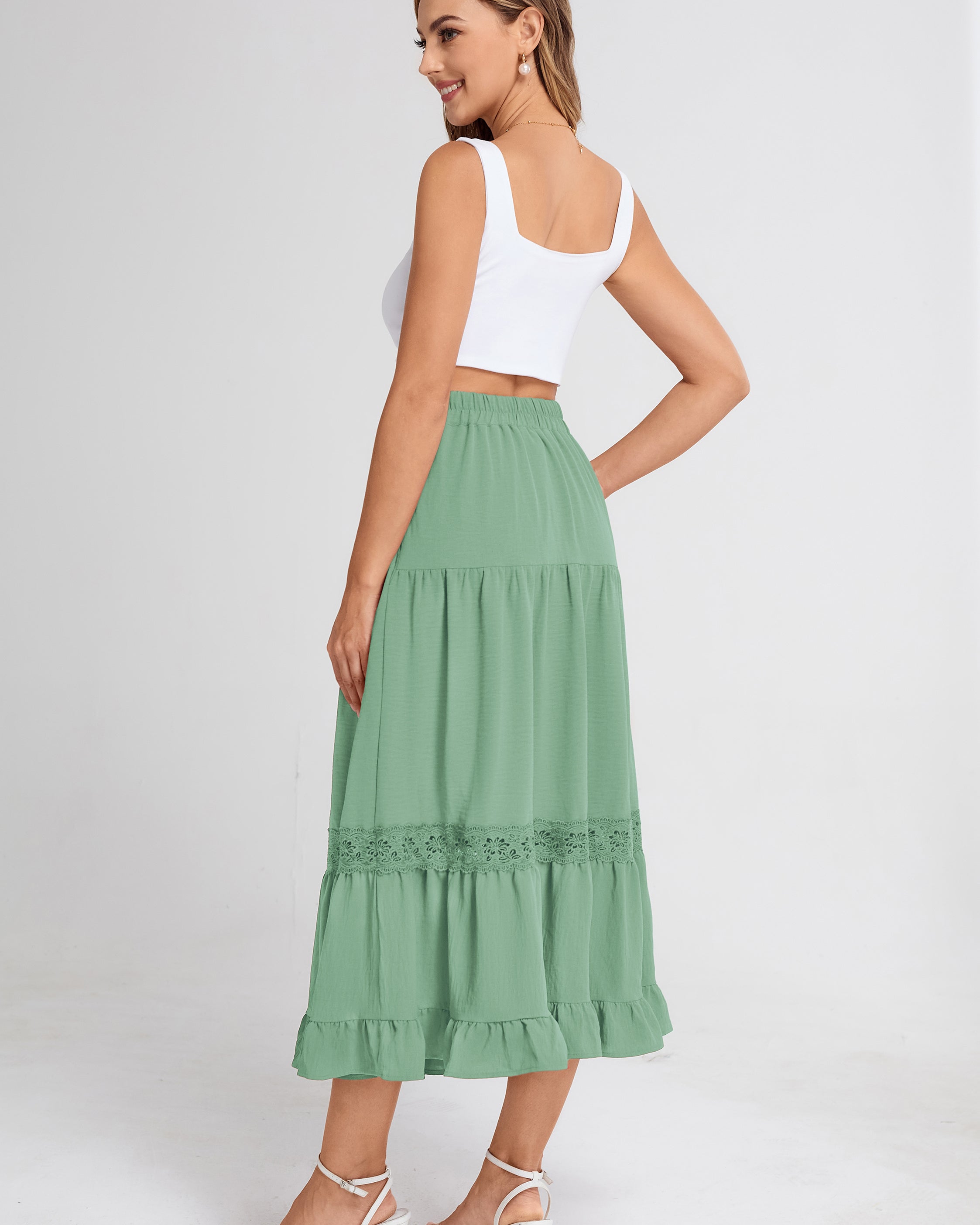 belle poque Women's Midi Skirt Boho Flowy Aline Ruffle Lace Tiered Skirt with Pockets 2025