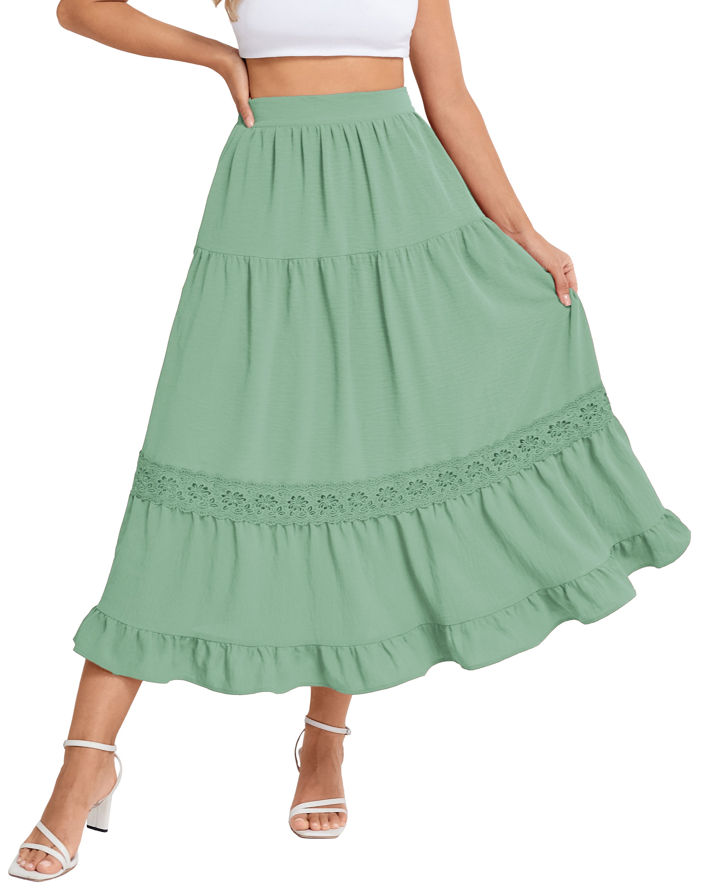 belle poque Women's Midi Skirt Boho Flowy Aline Ruffle Lace Tiered Skirt with Pockets 2025