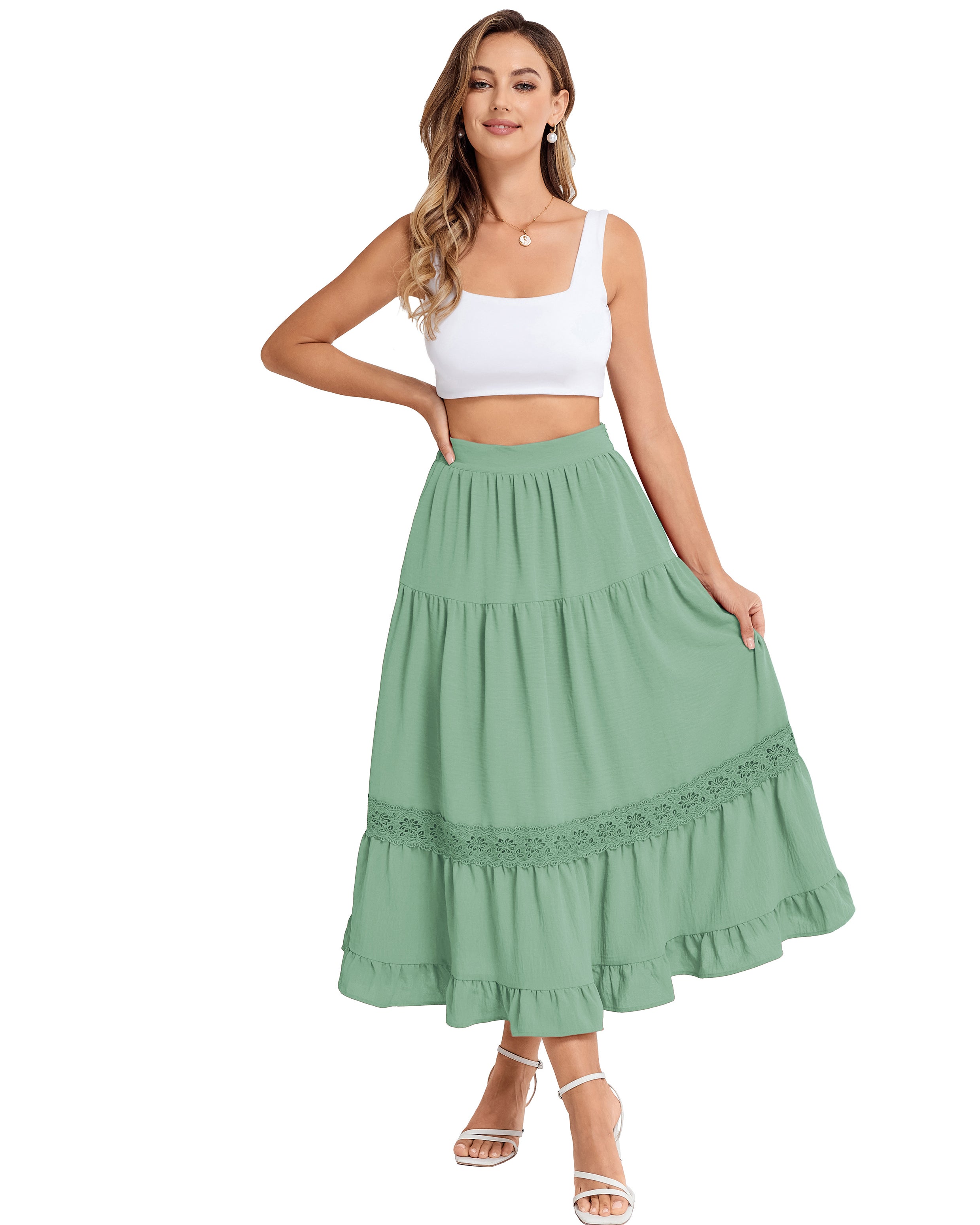 belle poque Women's Midi Skirt Boho Flowy Aline Ruffle Lace Tiered Skirt with Pockets 2025