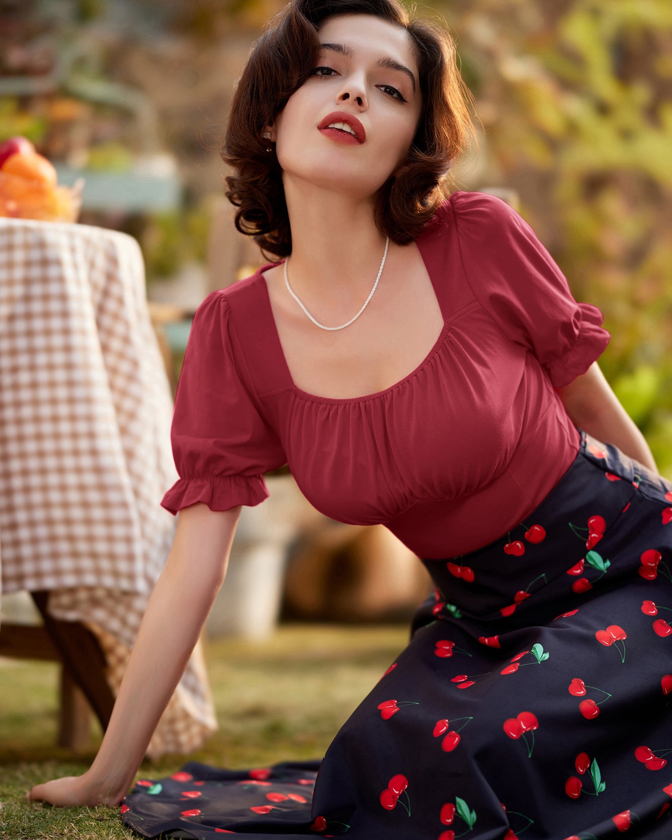 belle poque Solid Color Cotton Tops Slim Fit Puffed Short Sleeve Ruched Tops