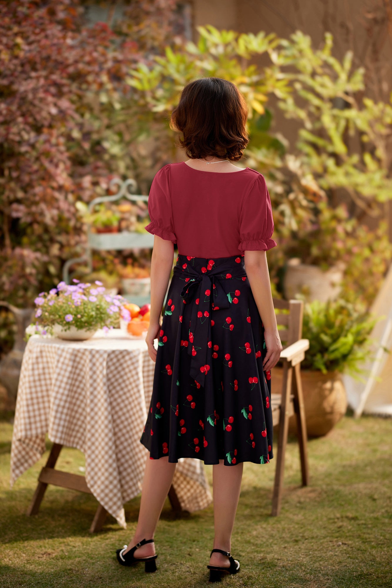 belle poque Solid Color Cotton Tops Slim Fit Puffed Short Sleeve Ruched Tops