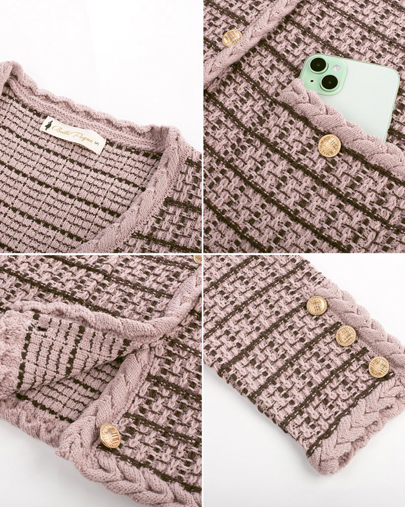 belle poque Contrast Color Cardigan Long Sleeve V-Neck Cable Knitted Sweater
