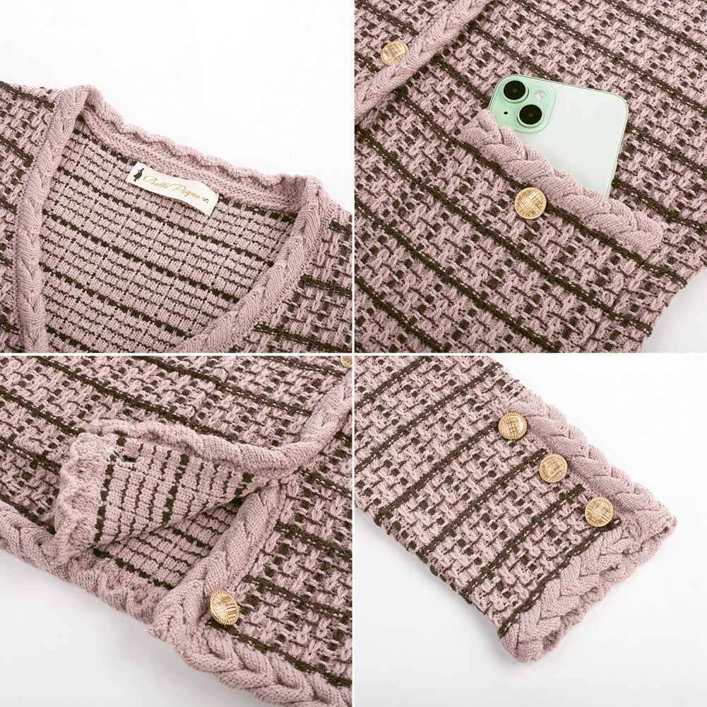 belle poque Contrast Color Cardigan Long Sleeve V-Neck Cable Knitted Sweater