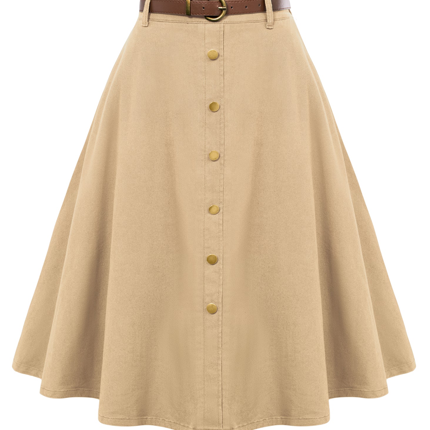 belle poque Jean Skirt with Belt Elastic High Waist A-Line Midi Skirt Beige