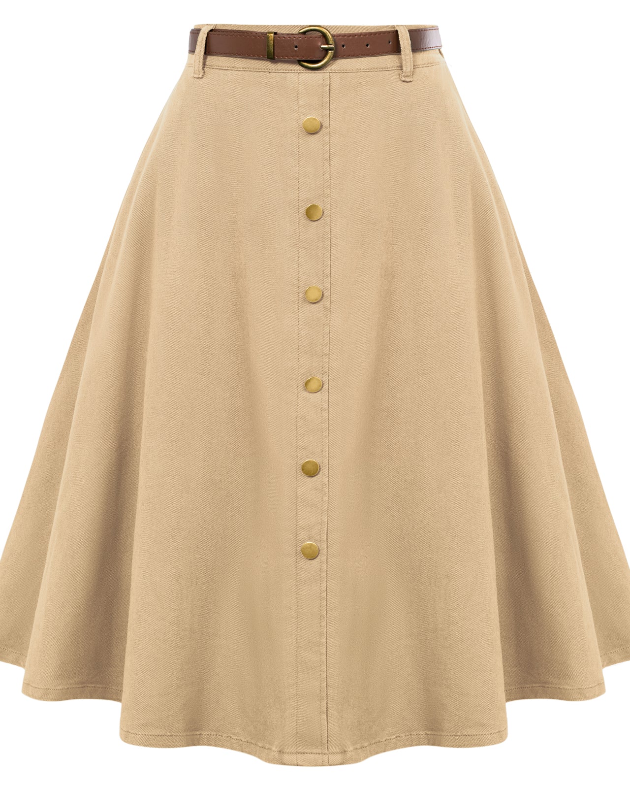 belle poque Jean Skirt with Belt Elastic High Waist A-Line Midi Skirt Beige