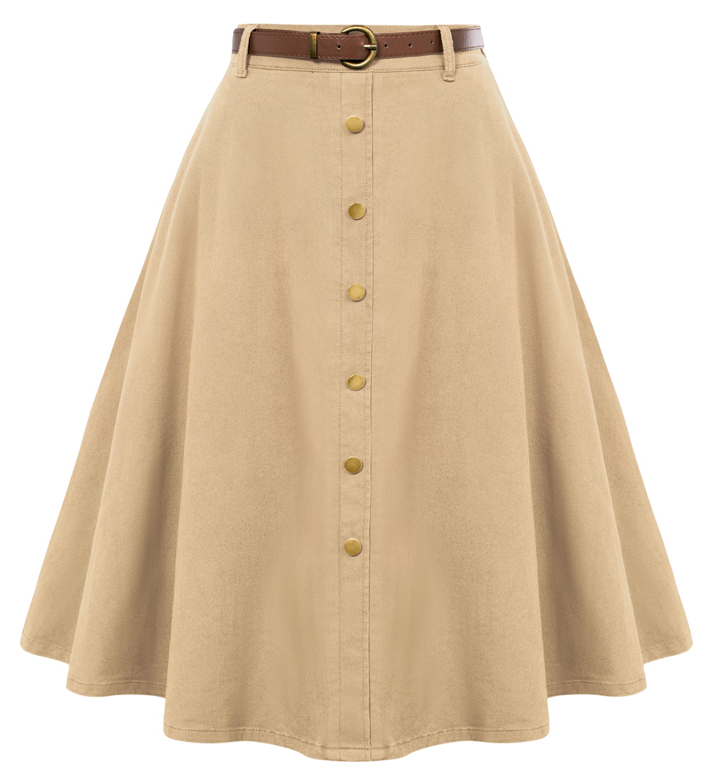 belle poque Jean Skirt with Belt Elastic High Waist A-Line Midi Skirt Beige