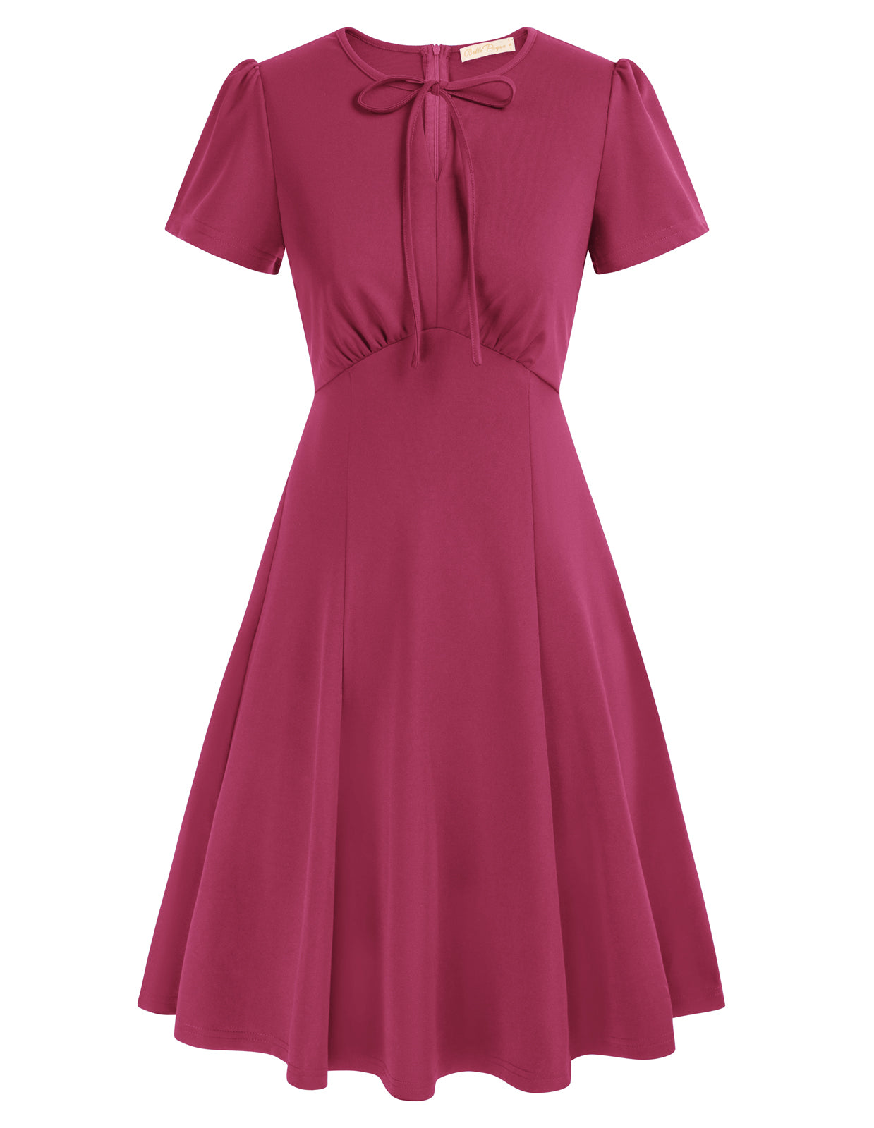 belle poque Vintage A-Line Swing Dress Keyhole Tie Dress Round Neck Work Dress Tea Dress Rose Red