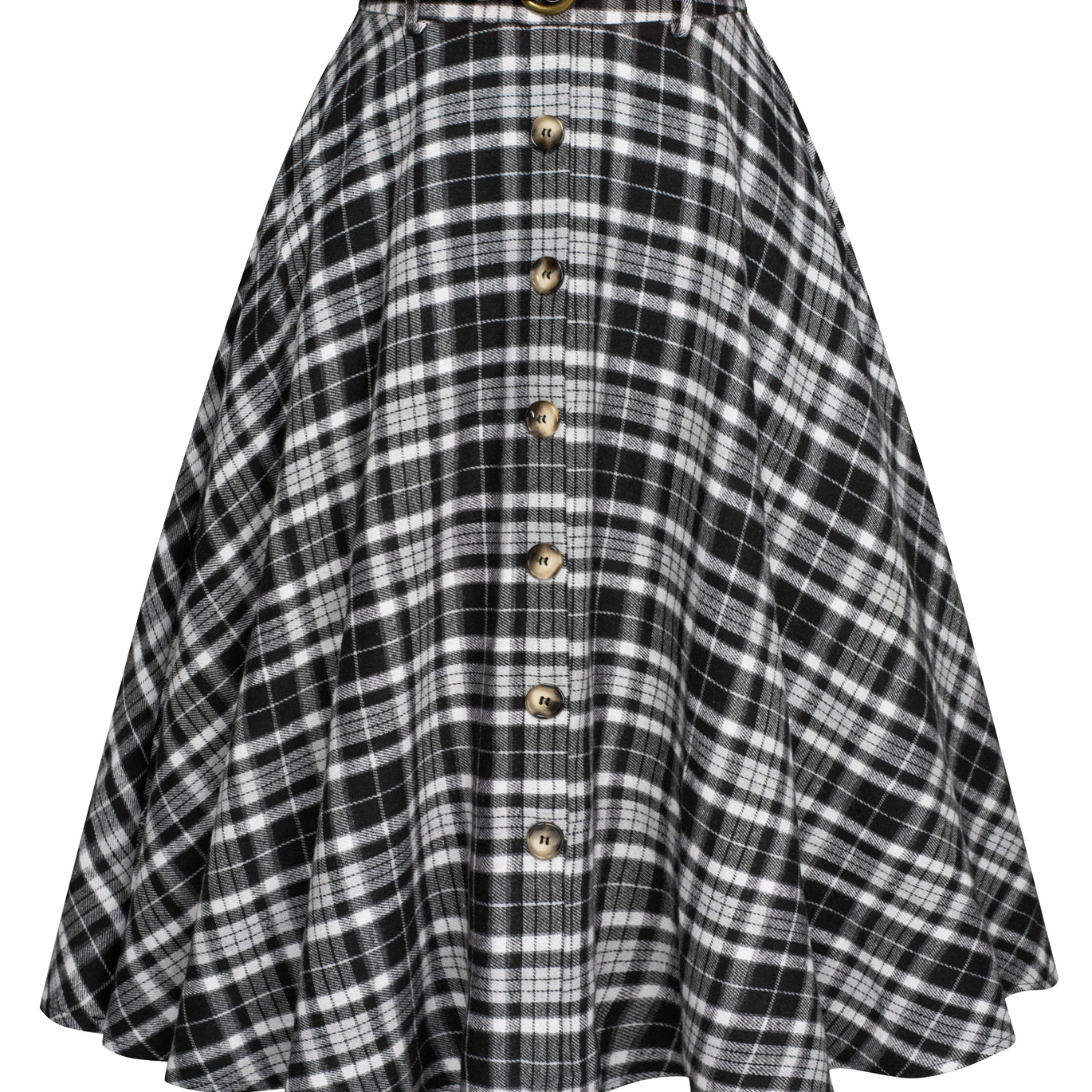 belle poque Swing Plaid Skirt with Belt Elastic High Waist Buttons Decorated Skirt Black