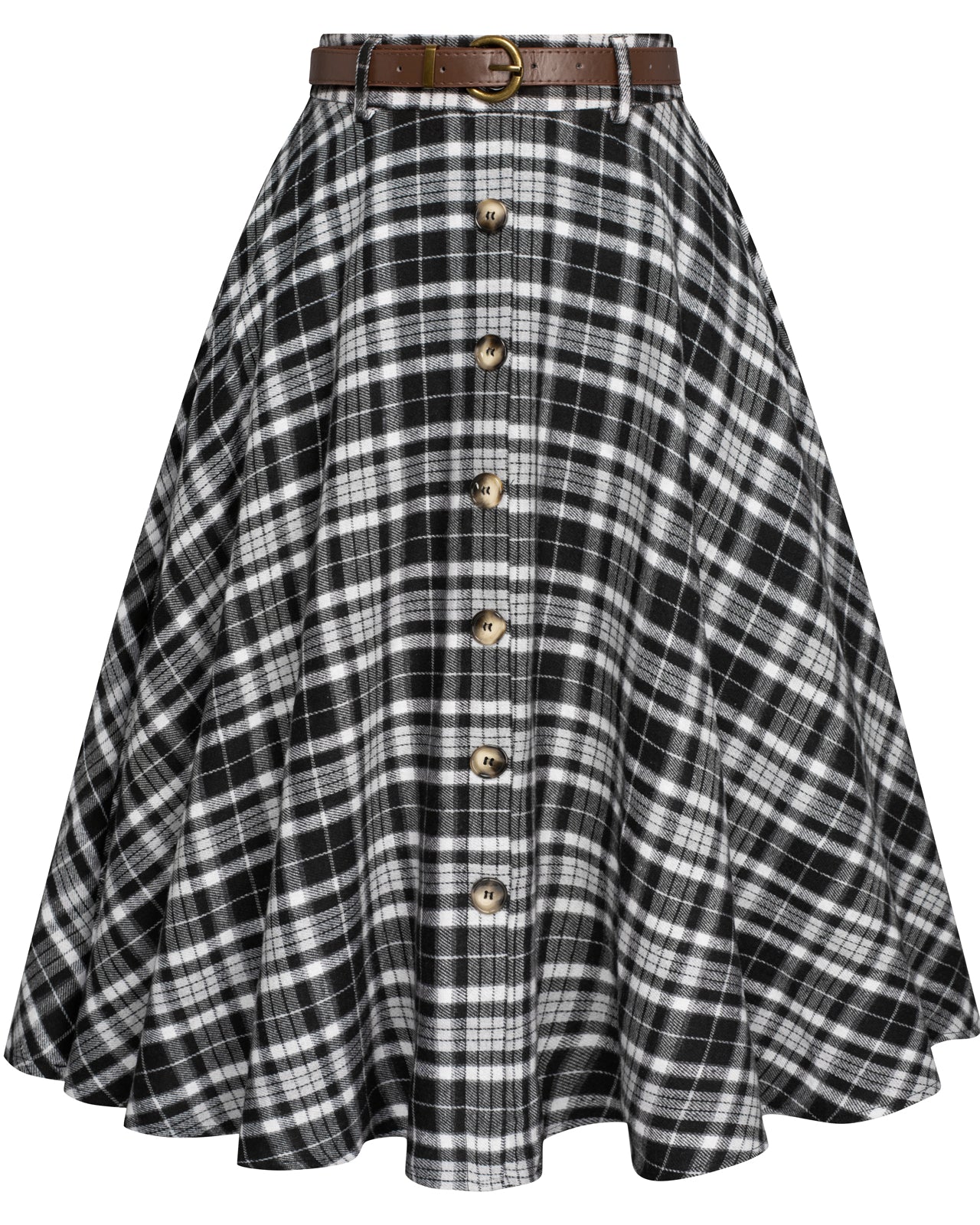 belle poque Swing Plaid Skirt with Belt Elastic High Waist Buttons Decorated Skirt Black