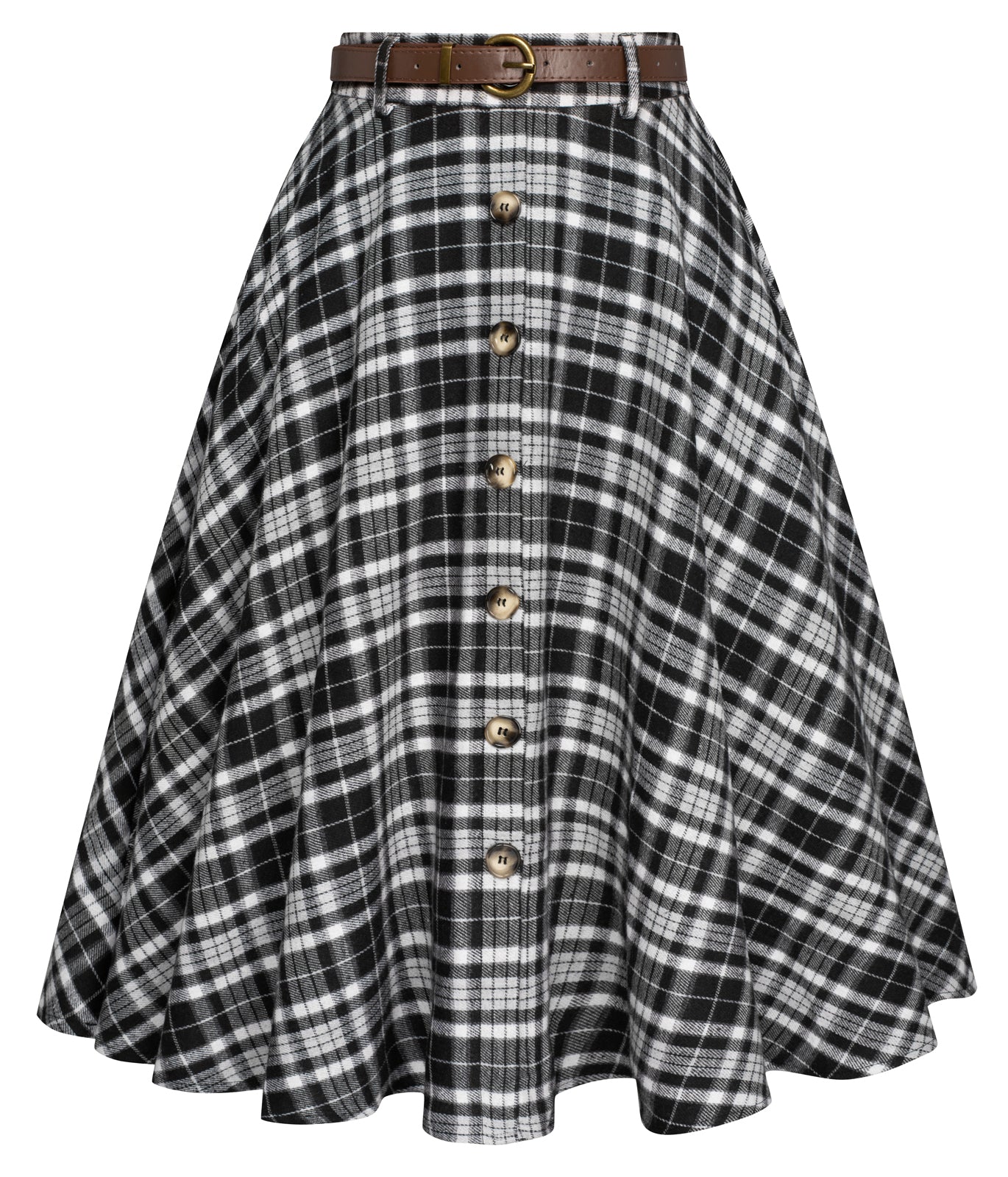 belle poque Swing Plaid Skirt with Belt Elastic High Waist Buttons Decorated Skirt Black