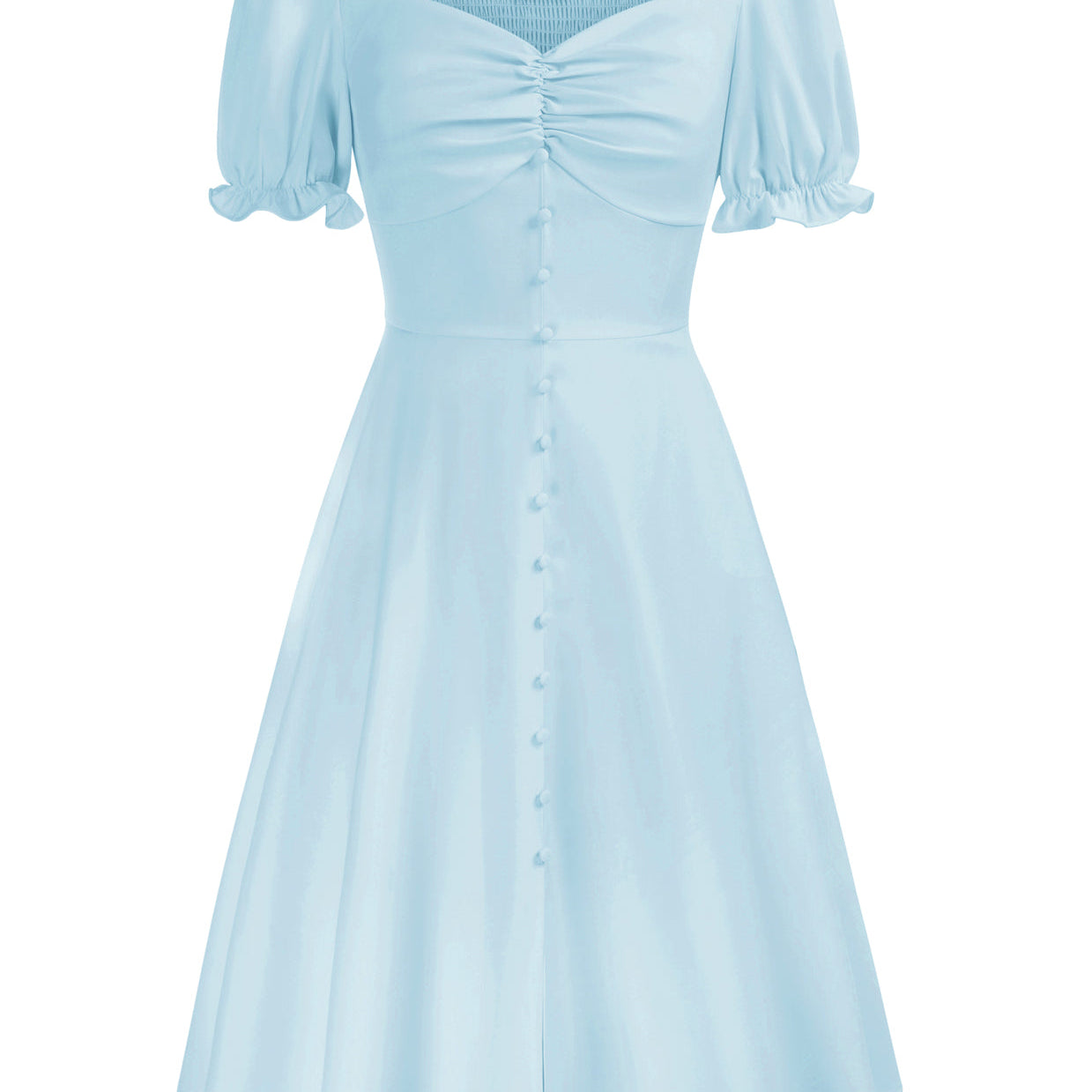 belle poque Vintage Strawberry Patterns Front Slit Dress Puffed Short Sleeve Sweetheart Neck Dress Light Blue