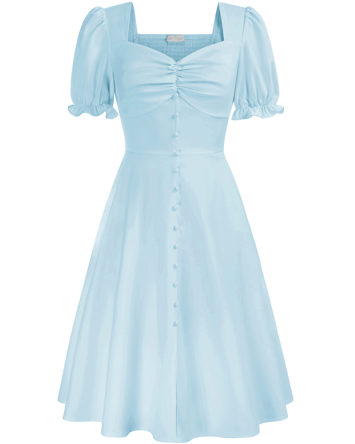 belle poque Vintage Strawberry Patterns Front Slit Dress Puffed Short Sleeve Sweetheart Neck Dress Light Blue