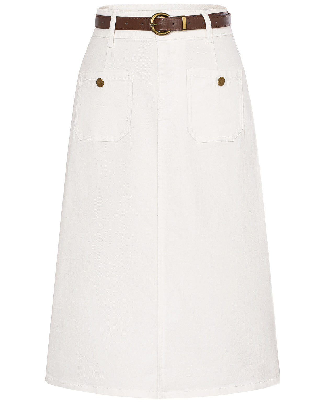 belle poque Denim Skirt with Belt Knee Length High Waisted Jean Skirts for Women White