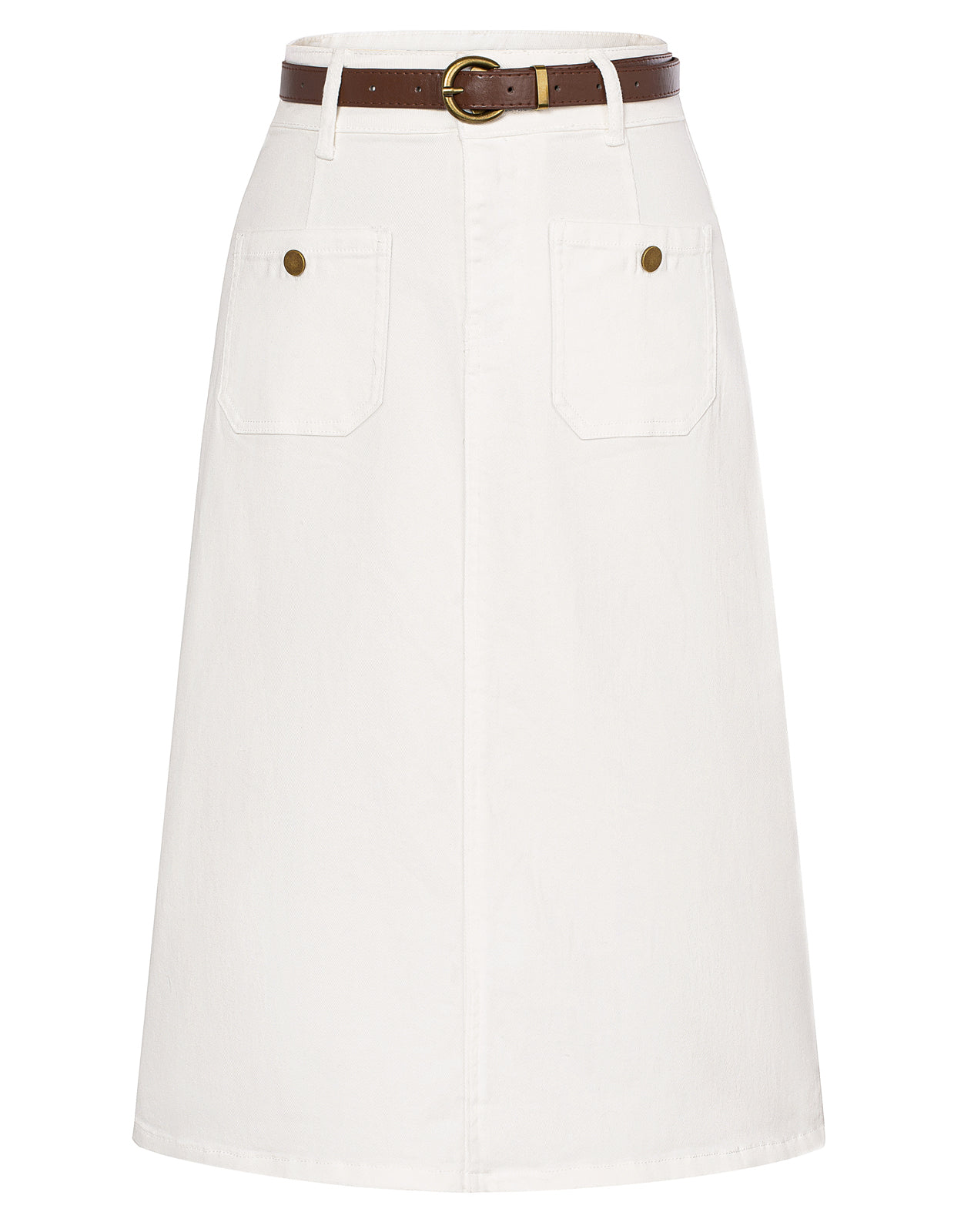 belle poque Denim Skirt with Belt Knee Length High Waisted Jean Skirts for Women White