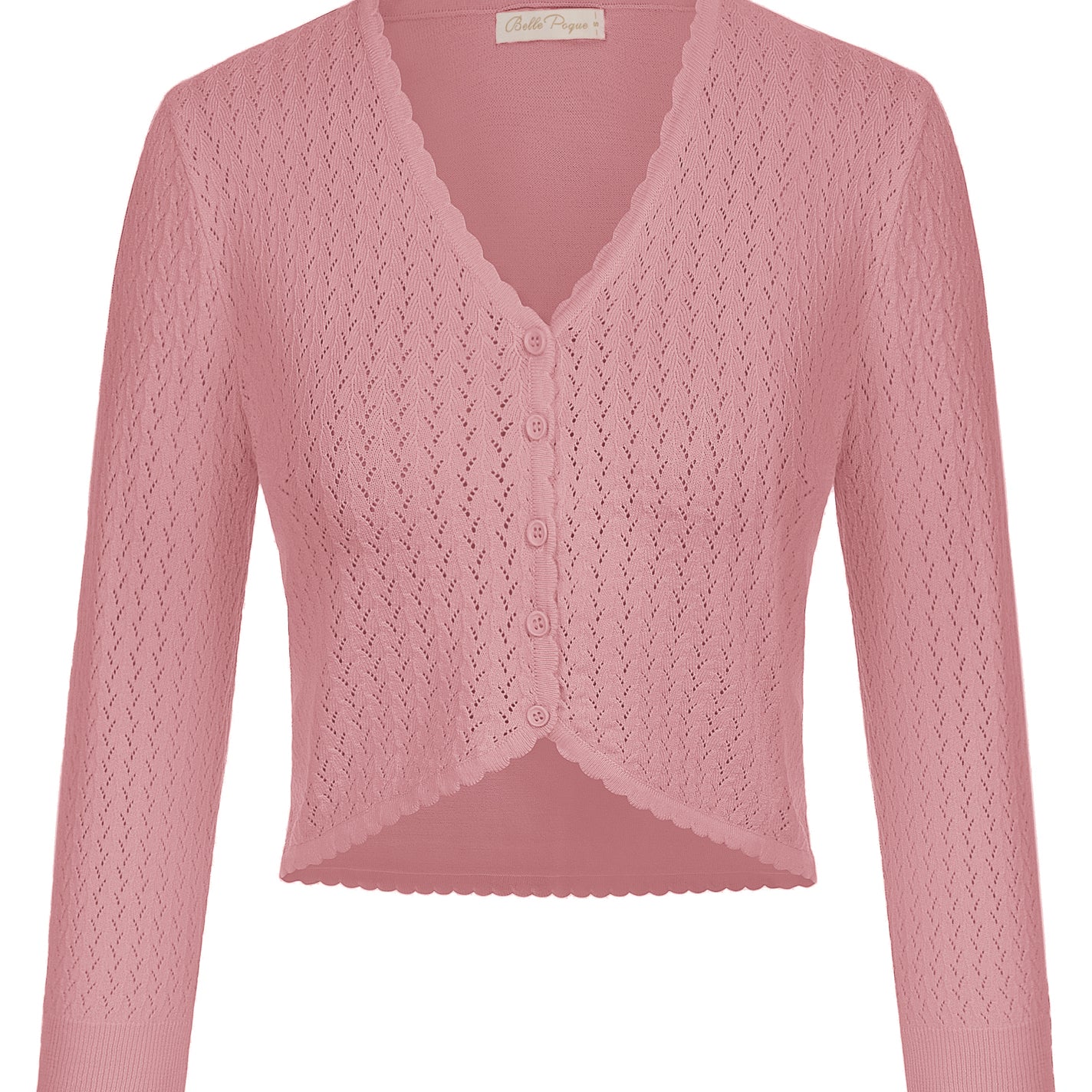 belle poque Hollowed-Out Cardigan 3/4 Sleeve V-Neck Button-up Cropped Knitwear Dark Pink