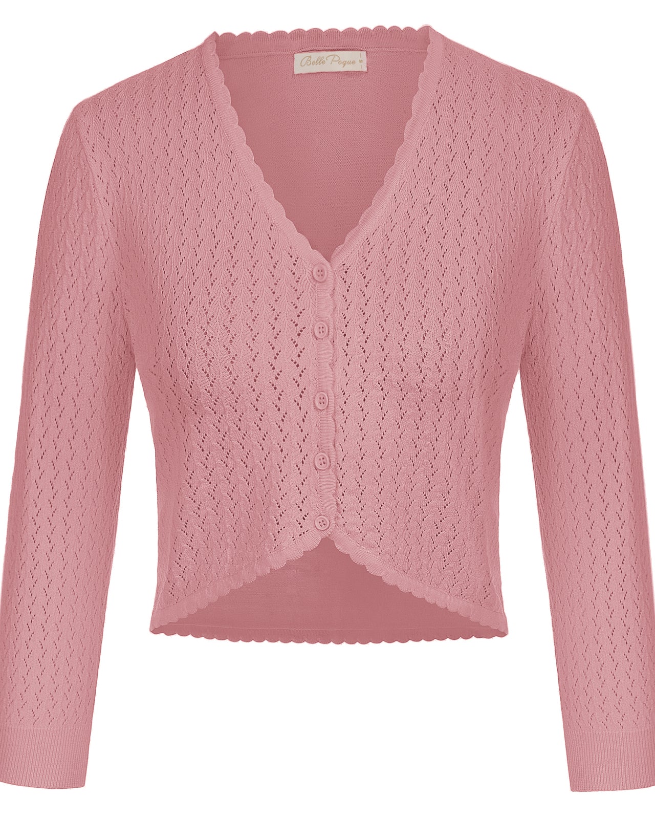 belle poque Hollowed-Out Cardigan 3/4 Sleeve V-Neck Button-up Cropped Knitwear Dark Pink