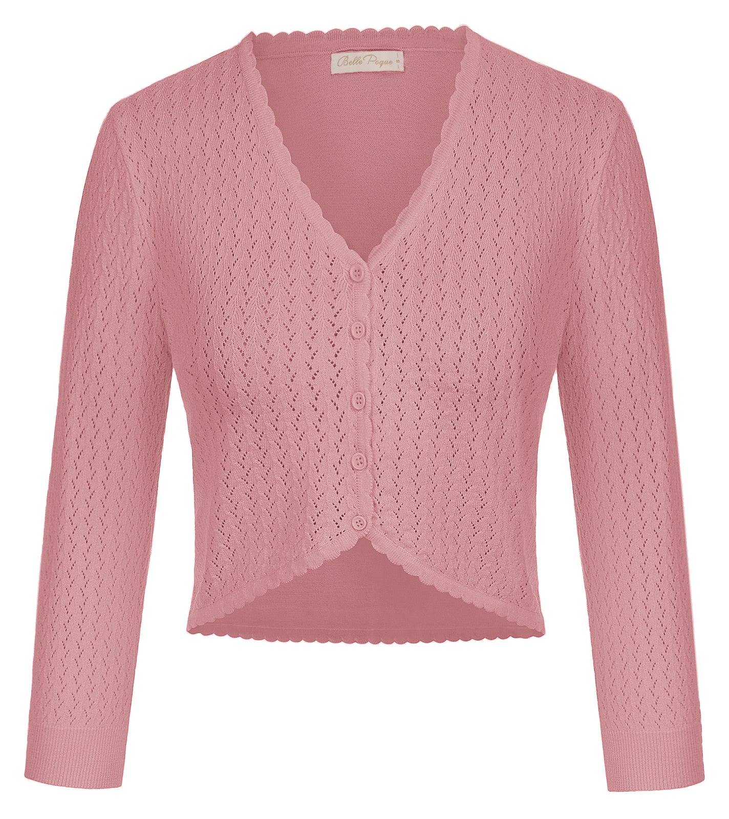 belle poque Hollowed-Out Cardigan 3/4 Sleeve V-Neck Button-up Cropped Knitwear Dark Pink